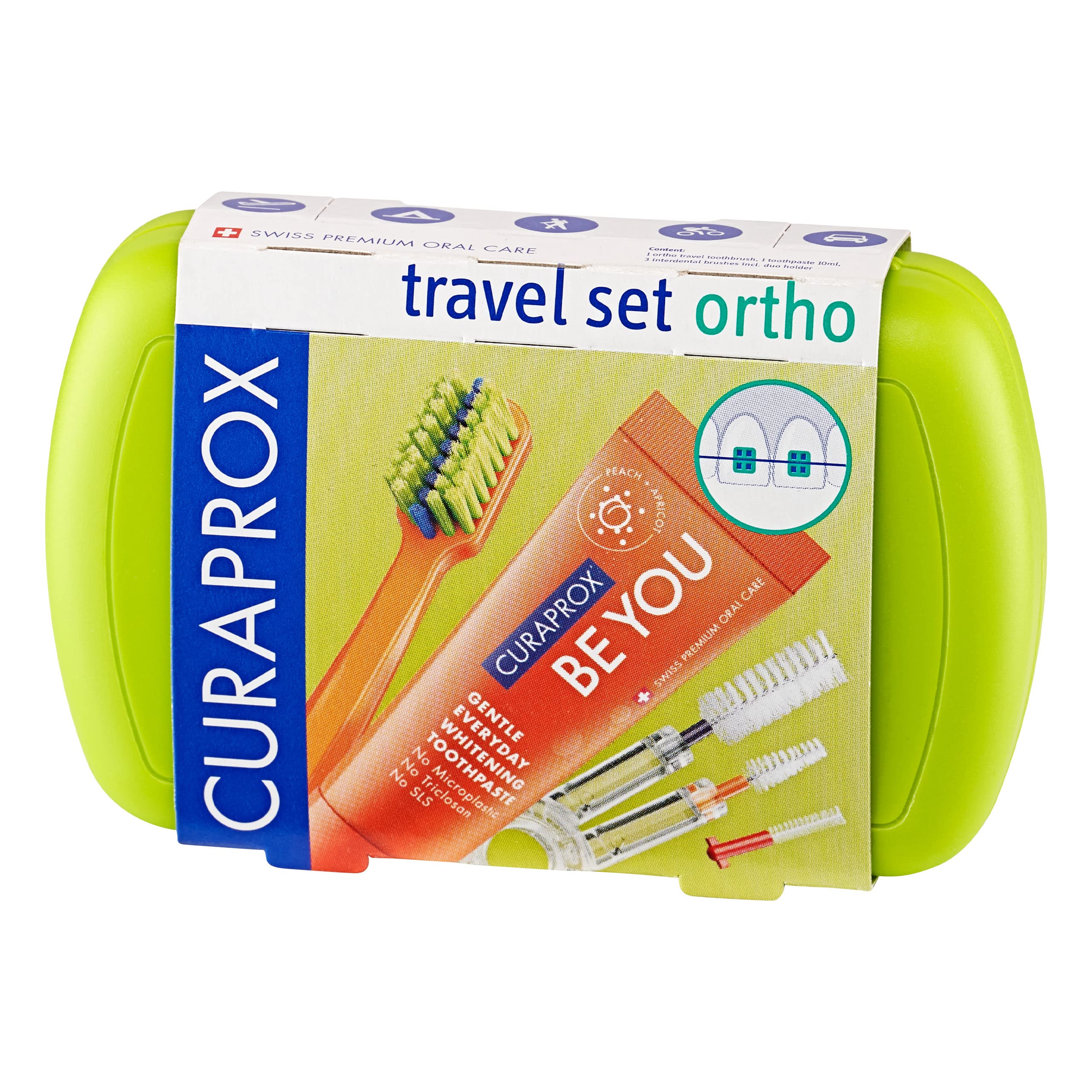 Curaprox Ortho Green Travel Dental Care Set - Toothbrush, Interdental Brush, 10ml Toothpaste & Travel Case | Perfect for On-the-Go Oral Hygiene While Traveling, Camping or Business Trips