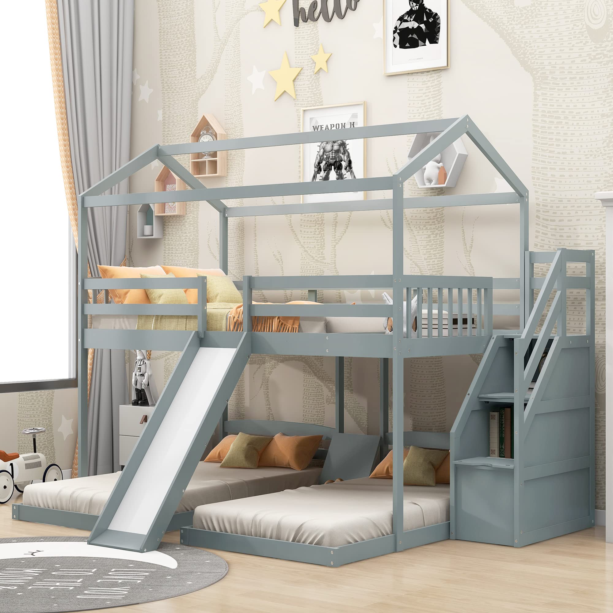 **Triple Bunk Bed - Full Over 2 Twin Bunk Beds with Built-in Storage Stairs, Drawers & Slide - Space-Saving Bunk Bed for Kids, Teens & Families - No Box Spring Needed - Perfect for Small Bedrooms, Vacation Homes & Shared Kids' Rooms**