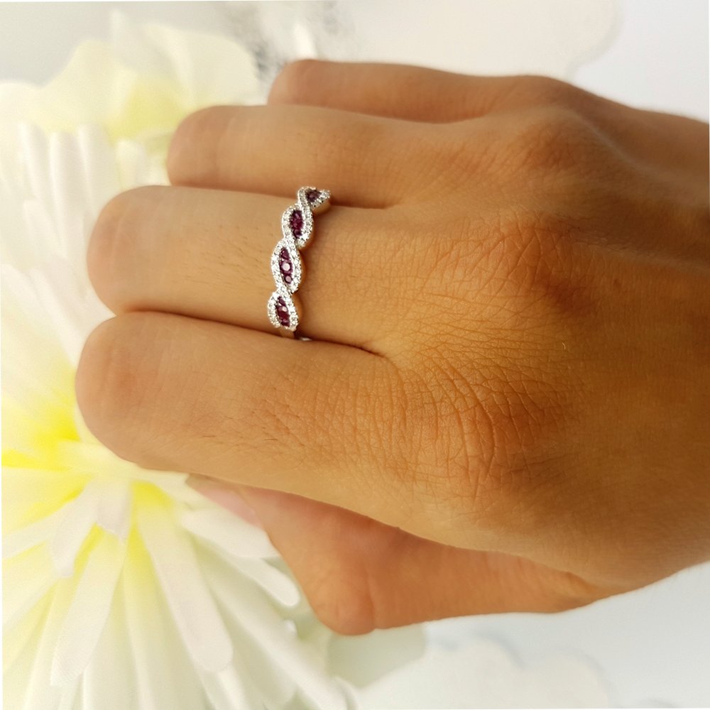 10K Solid Gold Round Ruby & White Diamond Stackable Wedding Band Swirl Ring for Bridal, Anniversary, Engagement - Perfect for Stacking, Gift Giving & Special Occasions