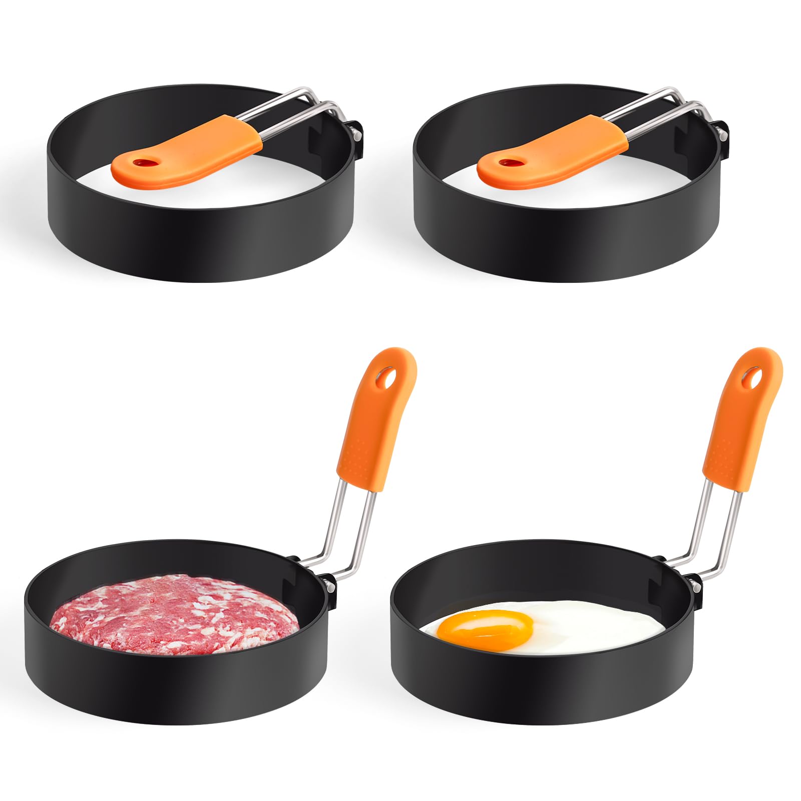 Stainless Steel Egg Rings with Silicone Handle - Nonstick Round Egg Cooking Molds (4Pcs 3.5