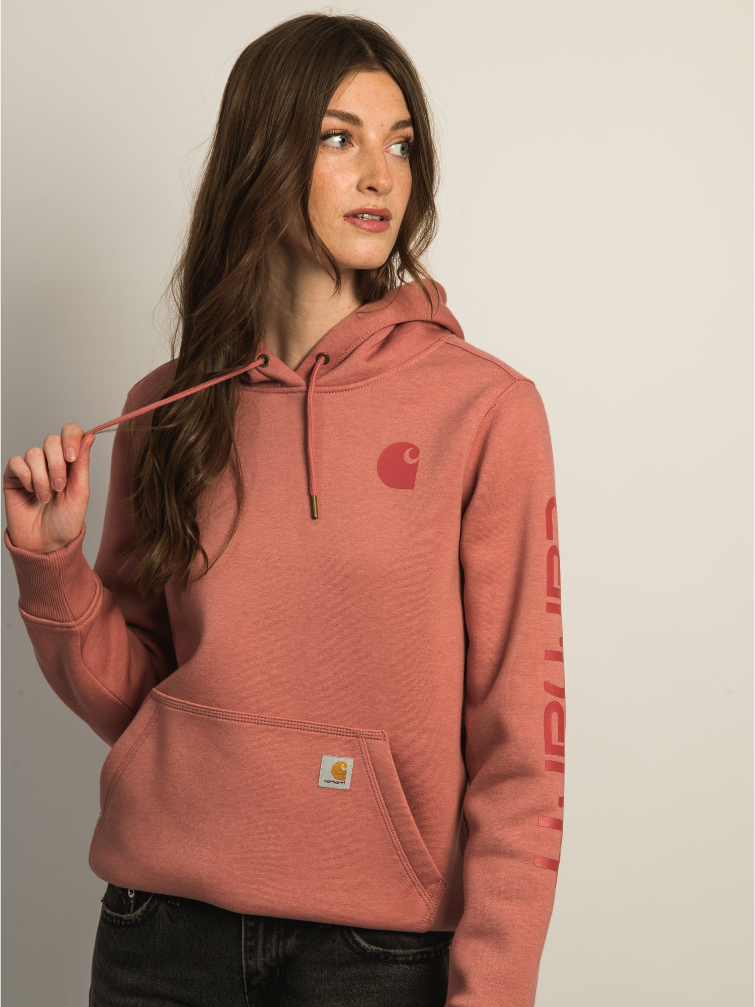 Carhartt Logo Sleeve Pullover Hoodie for Women - Rose Pink Fleece Sweatshirt for Casual Wear, Work & Outdoor Activities