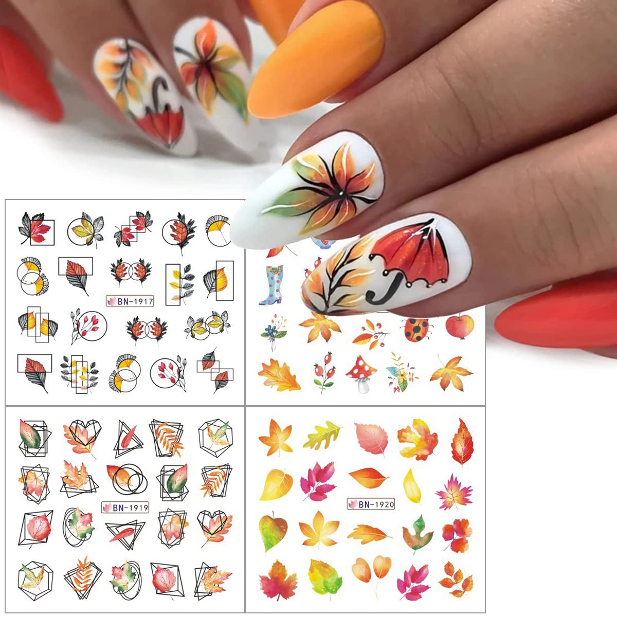 Fall Nail Stickers - Autumn Leaves & Pumpkin Thanksgiving Nail Decals | DIY Water Transfer Nail Art for Women & Girls | 12 Sheets | Perfect for Halloween, Thanksgiving Parties & Seasonal Manicures