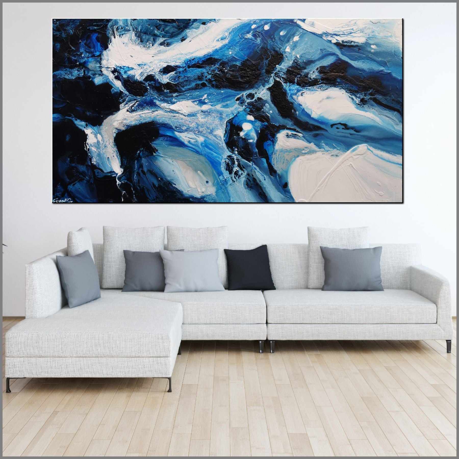 Hamptons Rush 190cm x 100cm Blue White Textured Abstract Canvas Art - Perfect for Living Room, Bedroom or Office Wall Decor