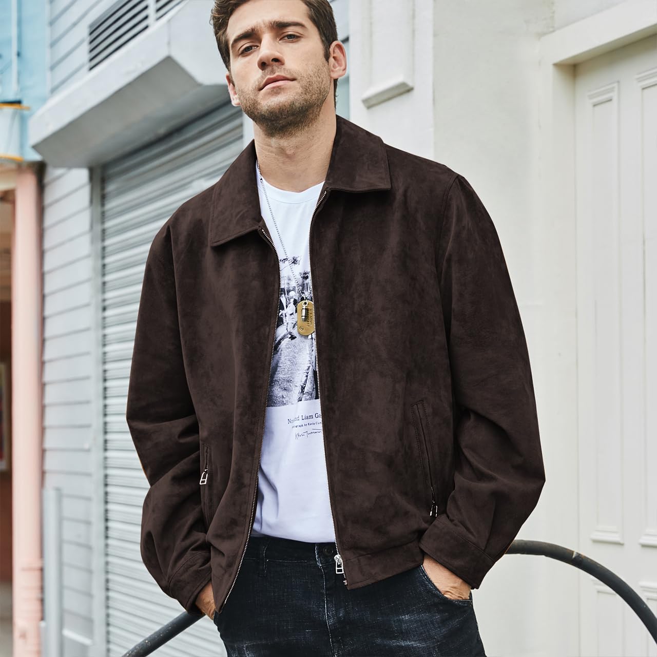 FLAVOR Men's Suede Leather Bomber Jacket - Stylish Casual Coat for Men | Perfect for Fall, Winter & Outdoor Activities
