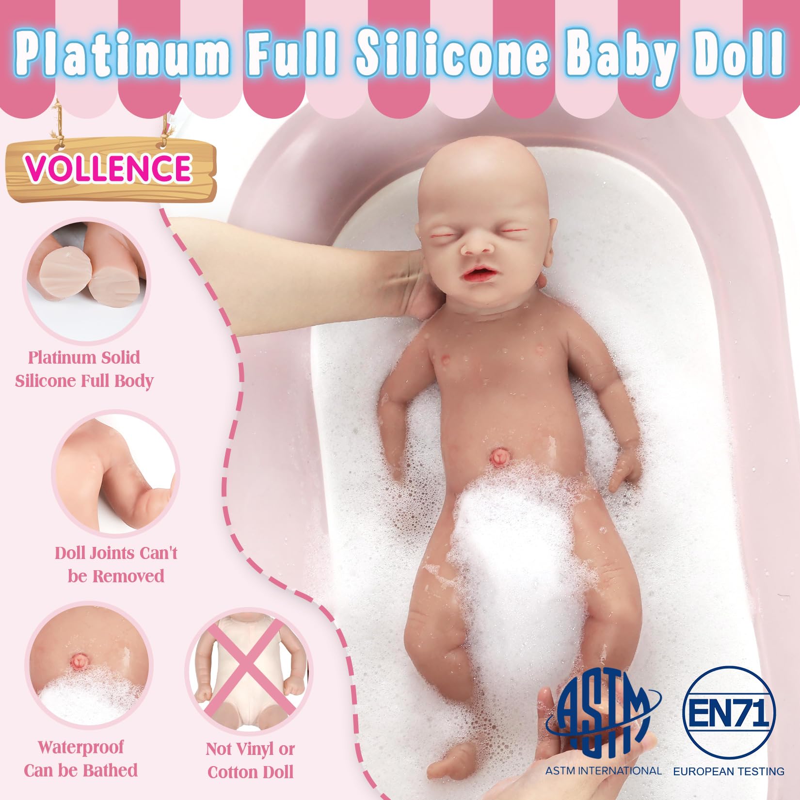 Vollence 18 Inch Realistic Lifelike Sleeping Baby Doll - Full Silicone Newborn Boy with Closed Eyes | Ultra Real Baby Doll for Collectors, Photography Props, Therapy & Gift Giving