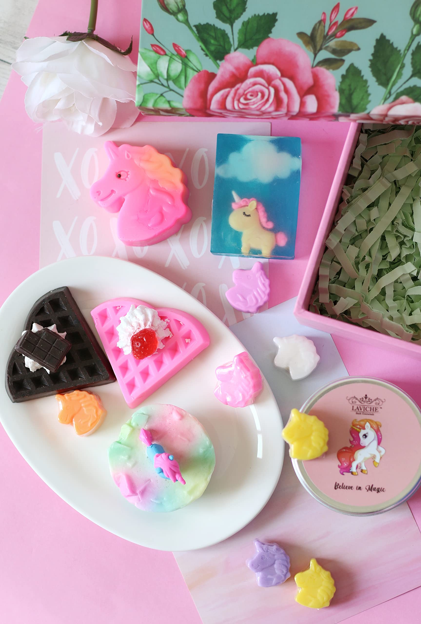 Laviche Unicorn Bath Gift Set for Kids - Mini Soap Box, Family Soap, Cloudy & Eraser Soaps with Strawberry & Chocolate Waffles | Perfect Christmas Present for Girls | Fun Bath Time & Birthday Party Favors