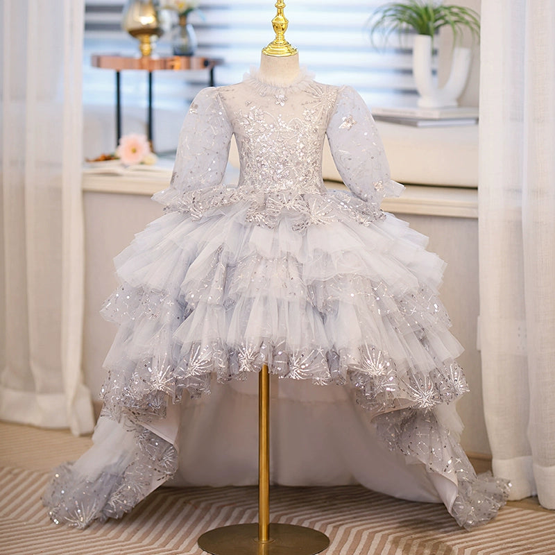 Elegant Grey Princess Round Tulle Flower Girl Dress for Weddings & Special Occasions