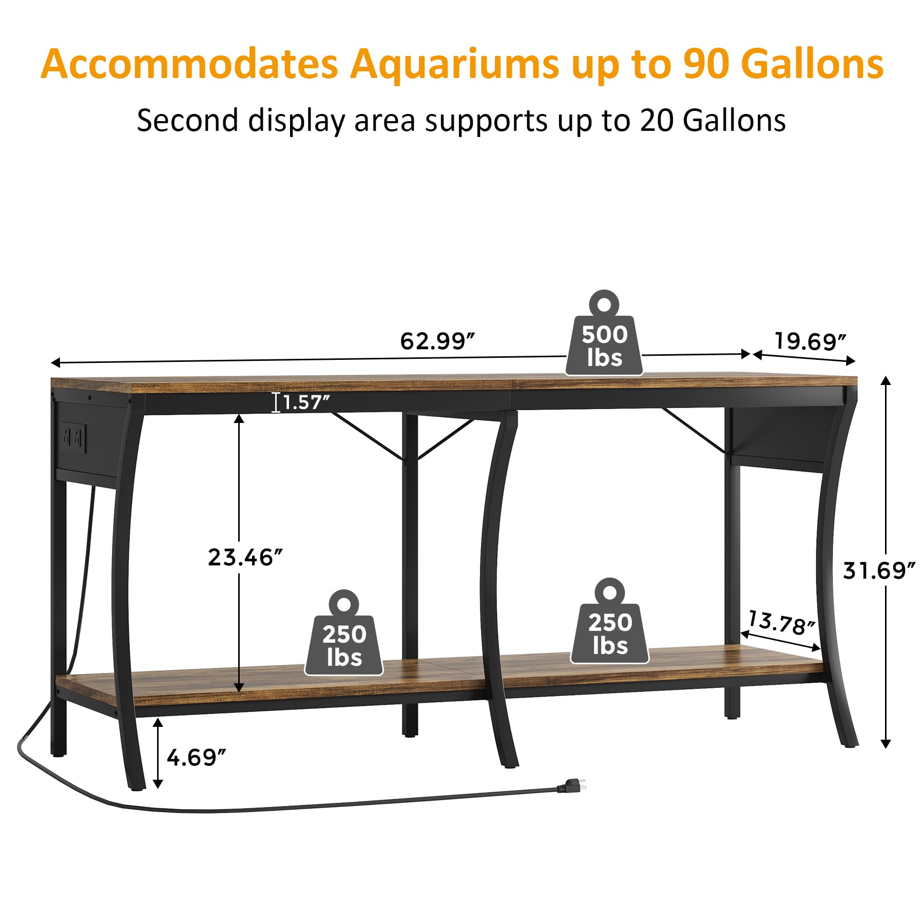 55-90 Gallon Heavy Duty Aquarium Stand with LED Light Strip & Power Outlets - 2-Tier Metal Fish Tank Stand for Reptiles & Large Aquariums - 1000LBS Capacity (Brown/Black) - Perfect for Home, Office & Pet Store Displays