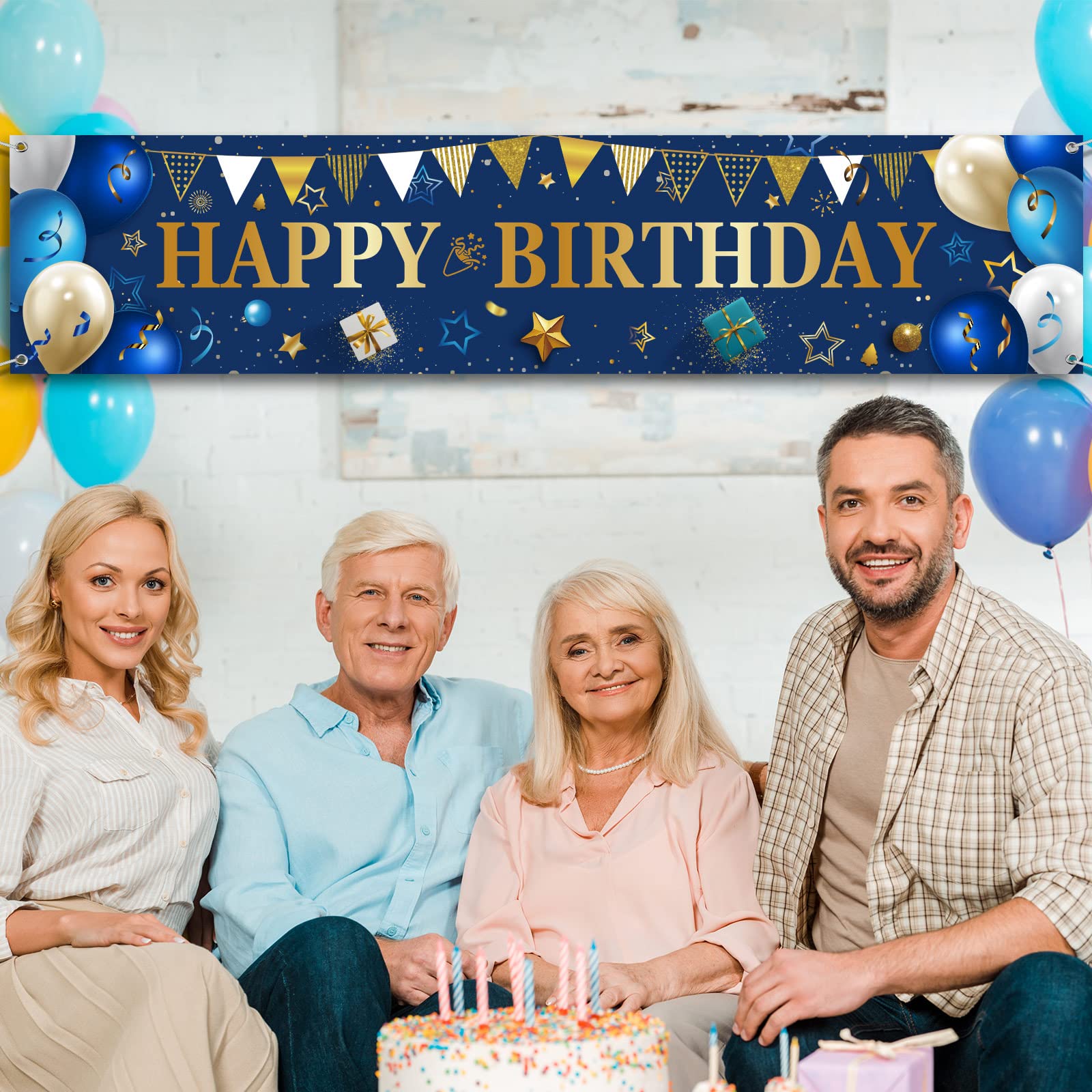 Happy Birthday Yard Banner - Large Outdoor & Indoor Party Decorations for Men & Women - Blue & Gold Backdrop - Perfect for Birthday Gifts, Celebrations, and Photo Booths