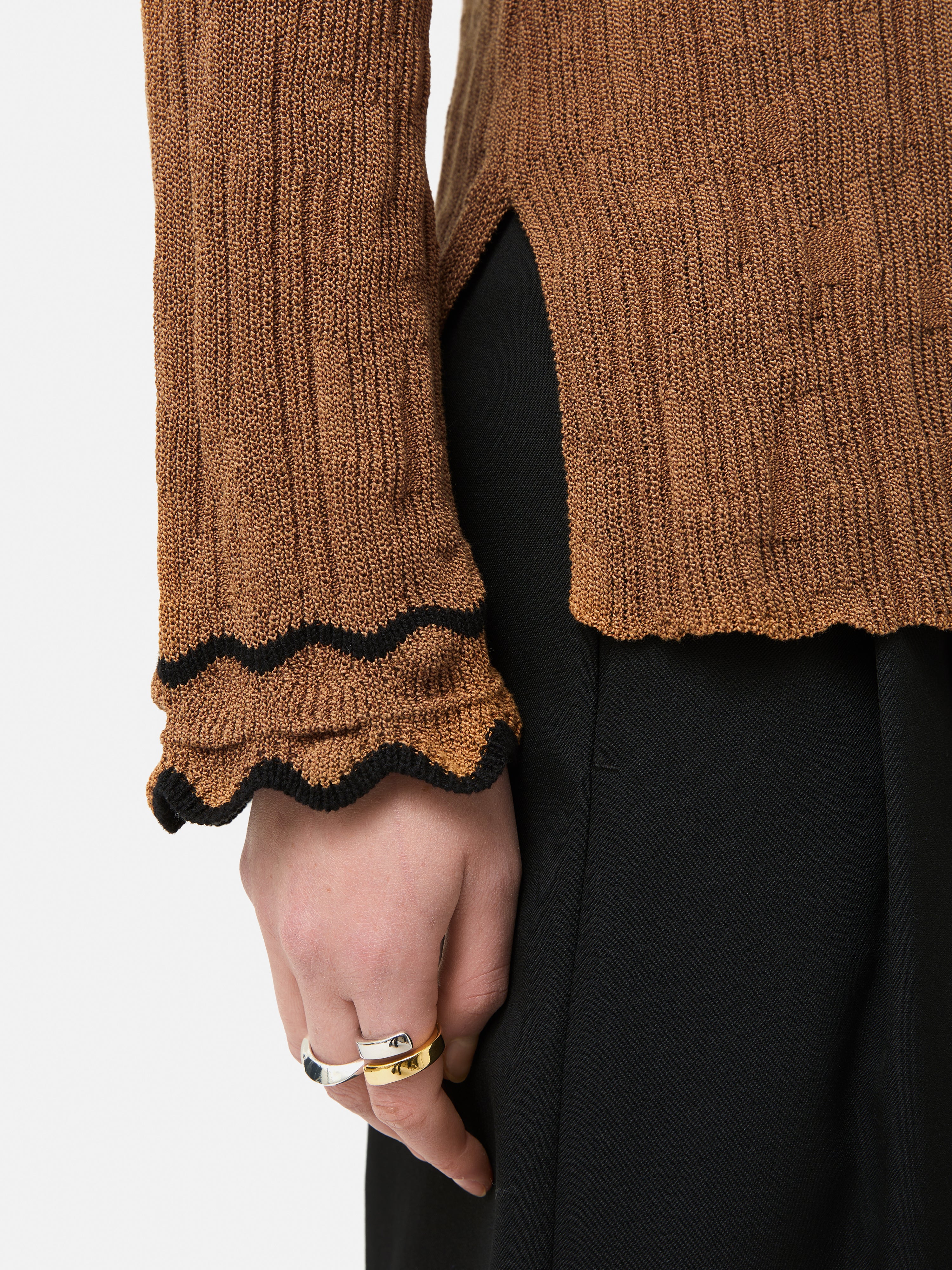 Stylish Brown Scallop Textured Rib Top for Women - Perfect for Casual Outings, Layering & Everyday Wear