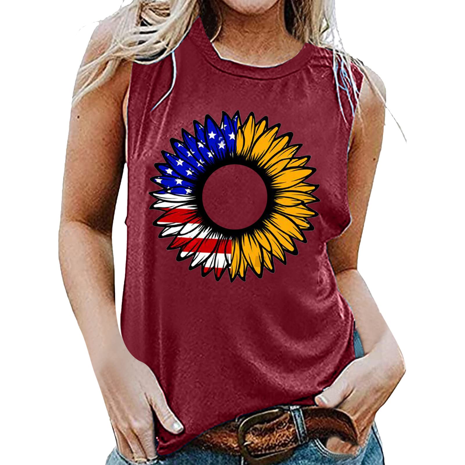 Women's Summer Tunic Tops - Sleeveless Round Neck Printed Tank Tops for Casual Wear | 4th of July Independence Day Outfits, Beach Cover Up & Vacation Essentials