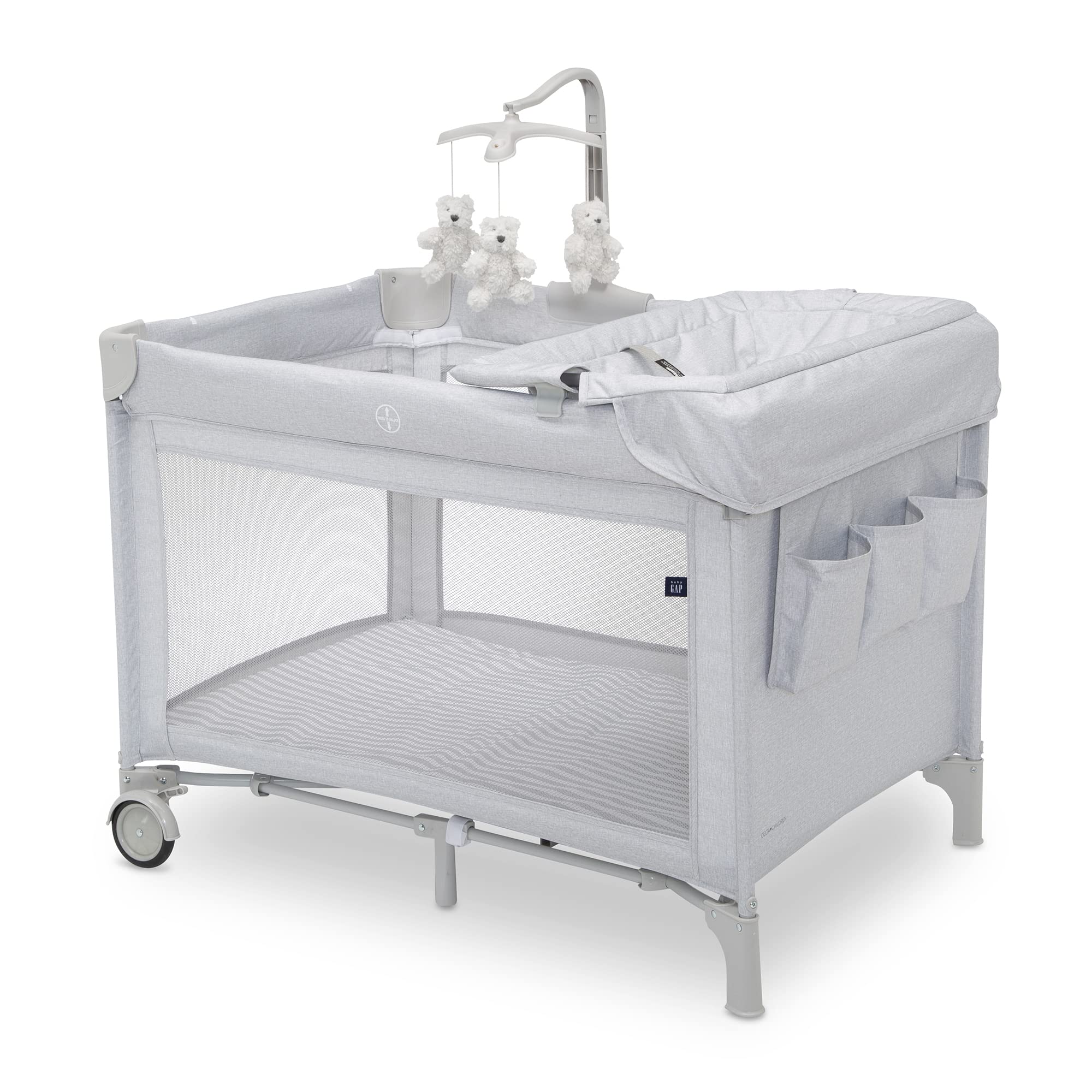 Delta Children Gap babyGap Whisper Bedside Bassinet Sleeper with Breathable Mesh & Adjustable Height - Gap babyGap Deluxe Play Yard in Grey Stripes - Perfect for Newborns, Nursery & Travel Use