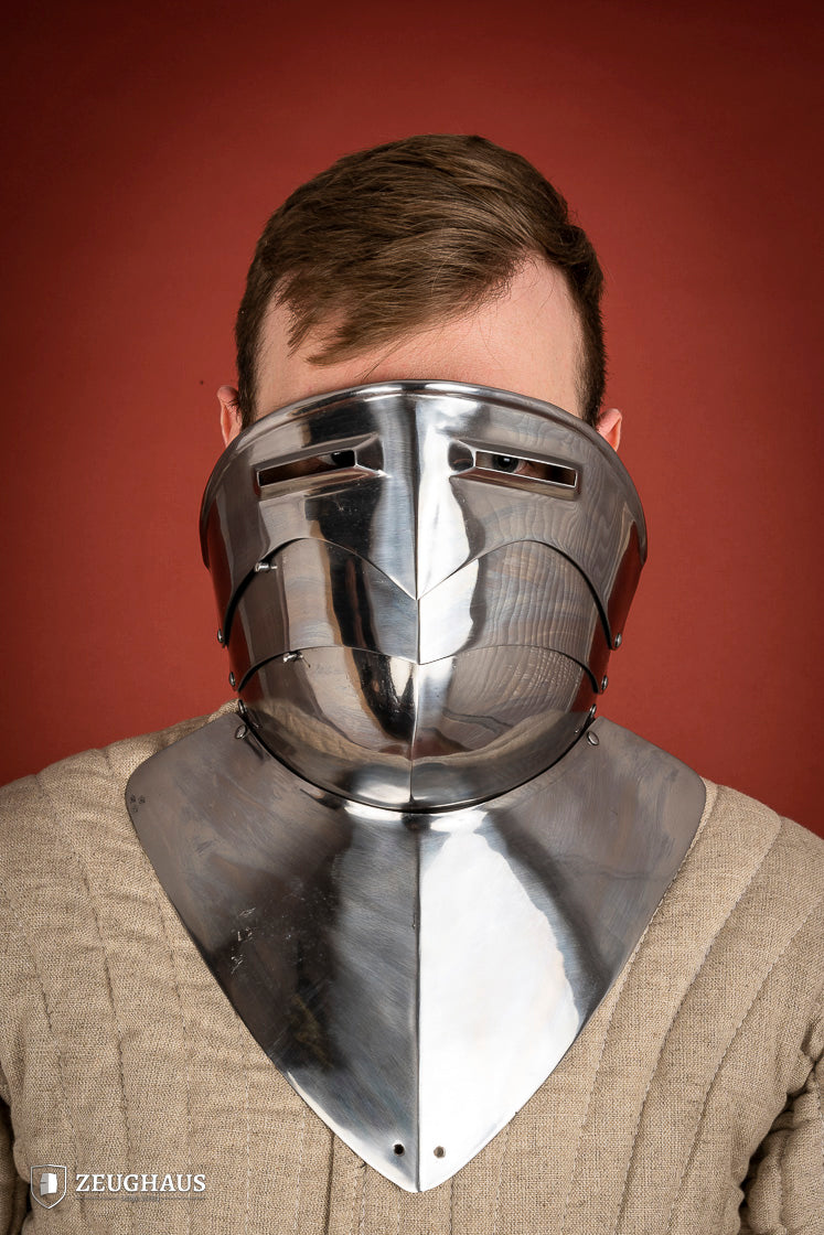 1.6mm Polished Steel Gorget with Visor - Medieval Neck Armor for LARP, Cosplay & Renaissance Fairs - Perfect for Historical Reenactments & Costume Events