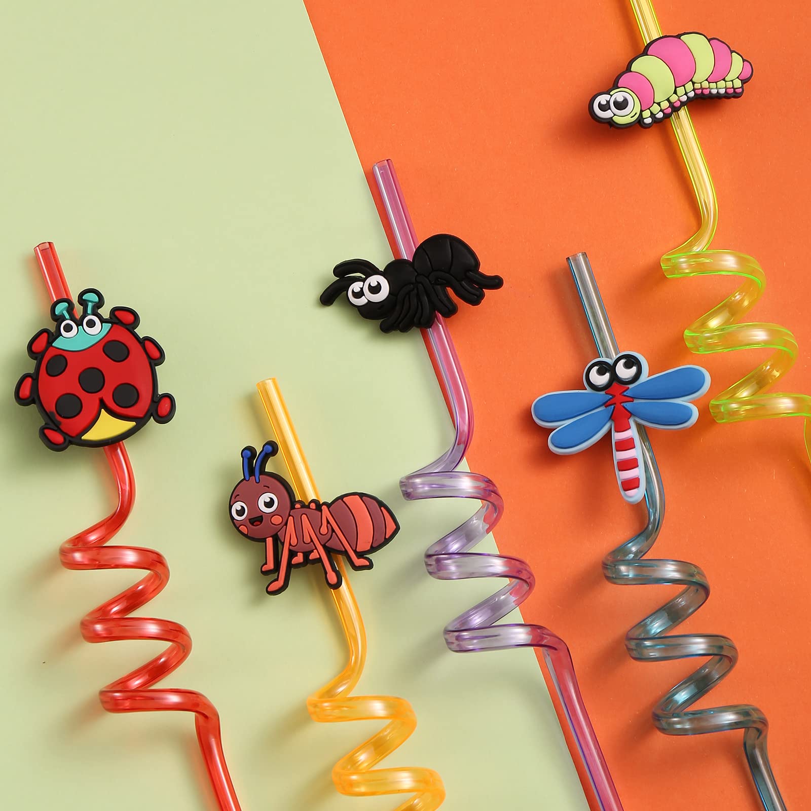 24-Pack Reusable Plastic Straws for Bug Themed Birthday Party - Insect Party Favors & Decorations with 2 Cleaning Brushes - Perfect for Kids' Birthday Parties, Baby Showers & Outdoor Events