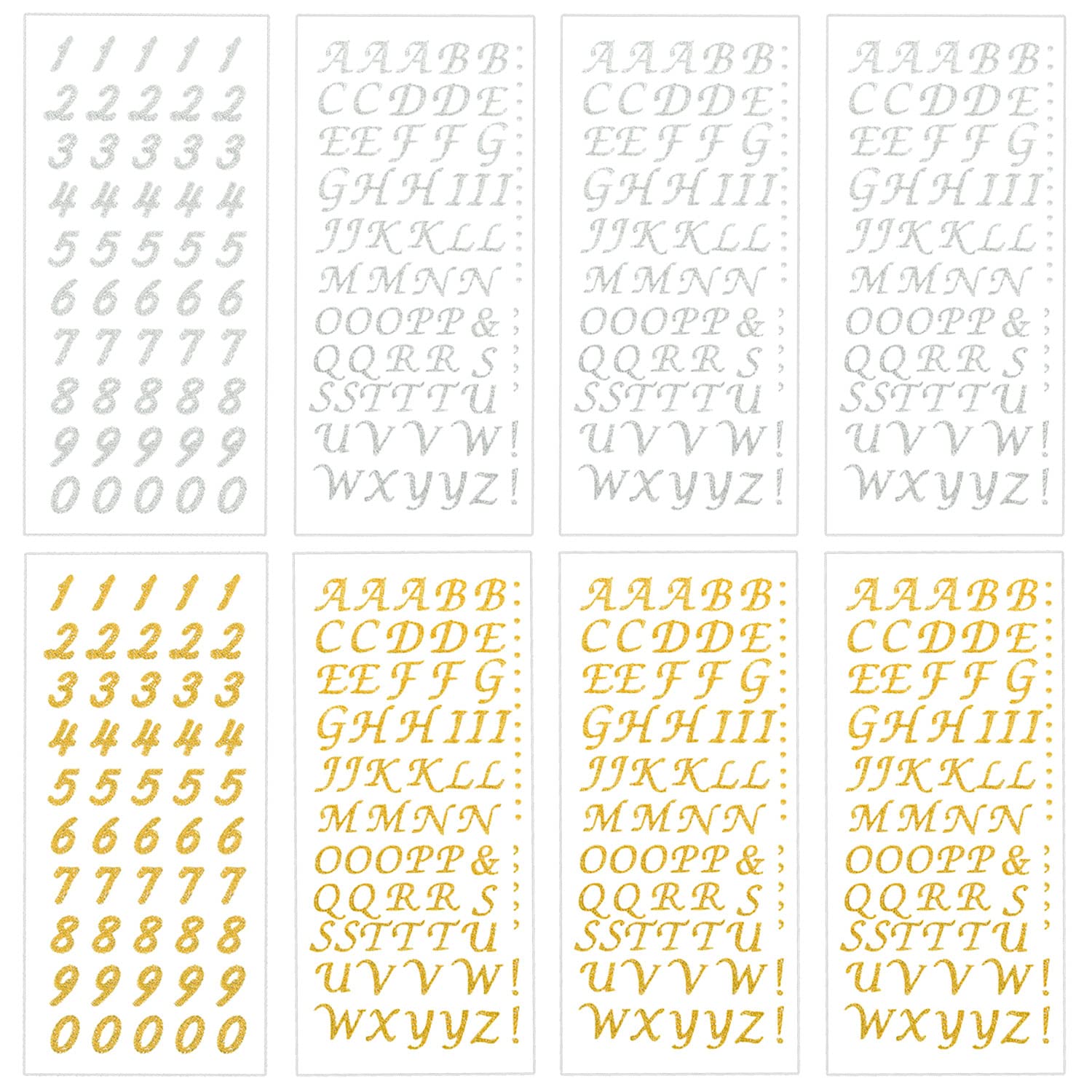 Gold & Silver Glitter Alphabet Number Stickers - 8 Sheets Self-Adhesive Letter Stickers for Scrapbooking, Graduation, DIY Crafts - Perfect for Cards, Journals, Party Decorations