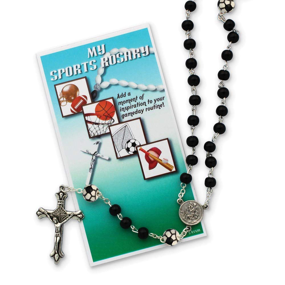 Jewels By Lux Boys Black Soccer Rosary Necklace - Religious Sports Jewelry for Men & Women - Perfect for Games, Training & Gifts
