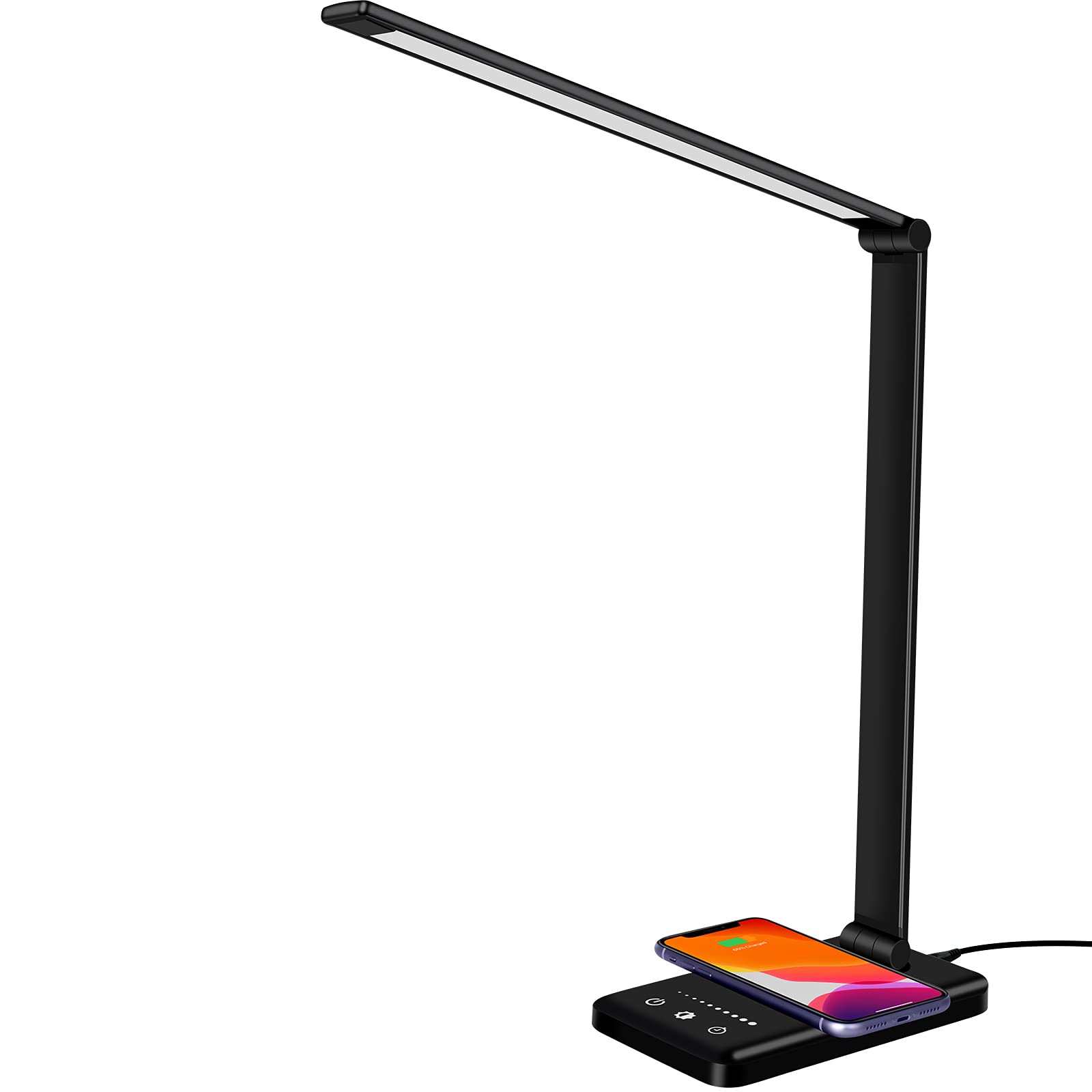 LED Desk Lamp with Wireless Charger & USB Port - Dimmable Office Light with 5 Lighting Modes, Touch Control & Auto Timer - Eye-Caring Study Lamp for Home, Office, Reading and Night Stand Use