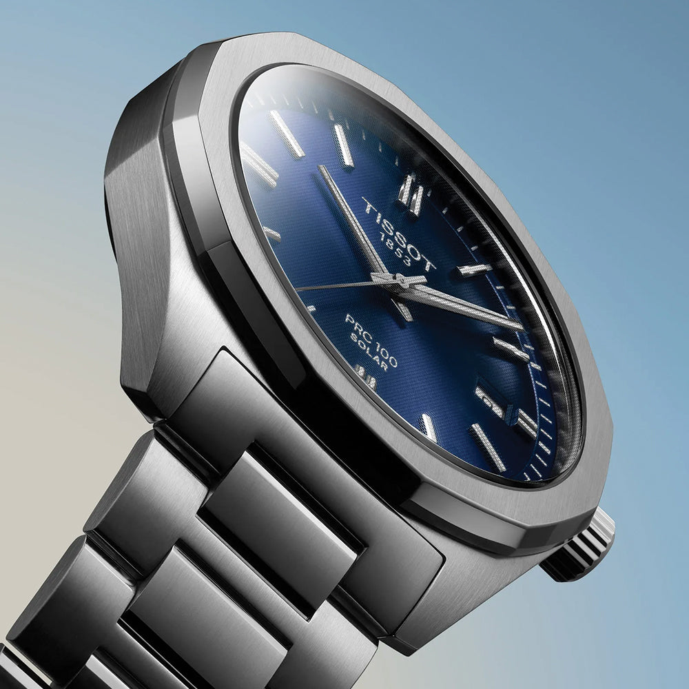 PRC 100 Solar Quartz 39mm Blue Dial Men's Watch with Stainless Steel Bracelet - Perfect for Outdoor Activities, Business Meetings & Everyday Wear