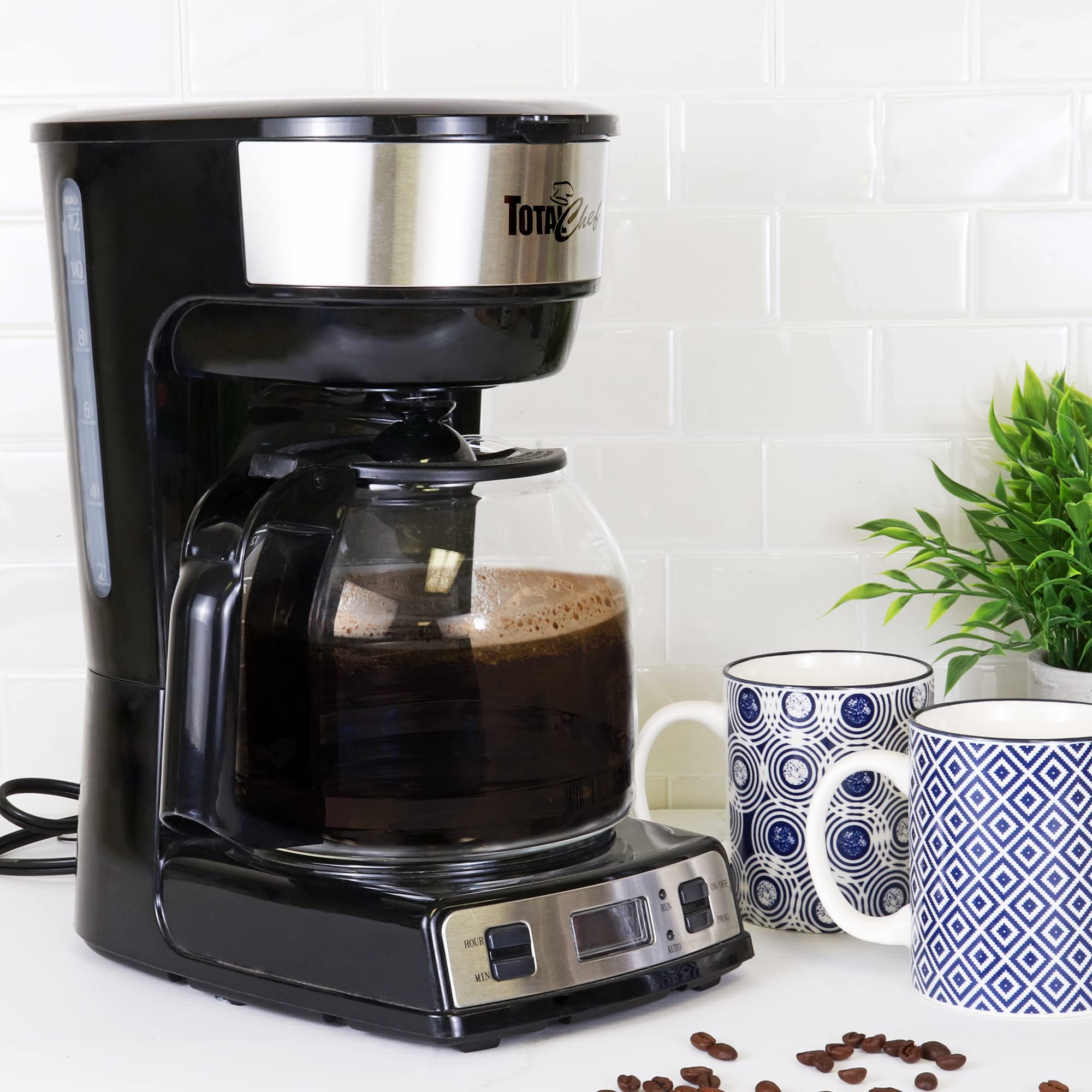 Koolatron Total Chef 12 Cup Programmable Drip Coffee Maker with Glass Carafe & Reusable Filter - Black & Silver - Perfect for Home, Office, and RV Use