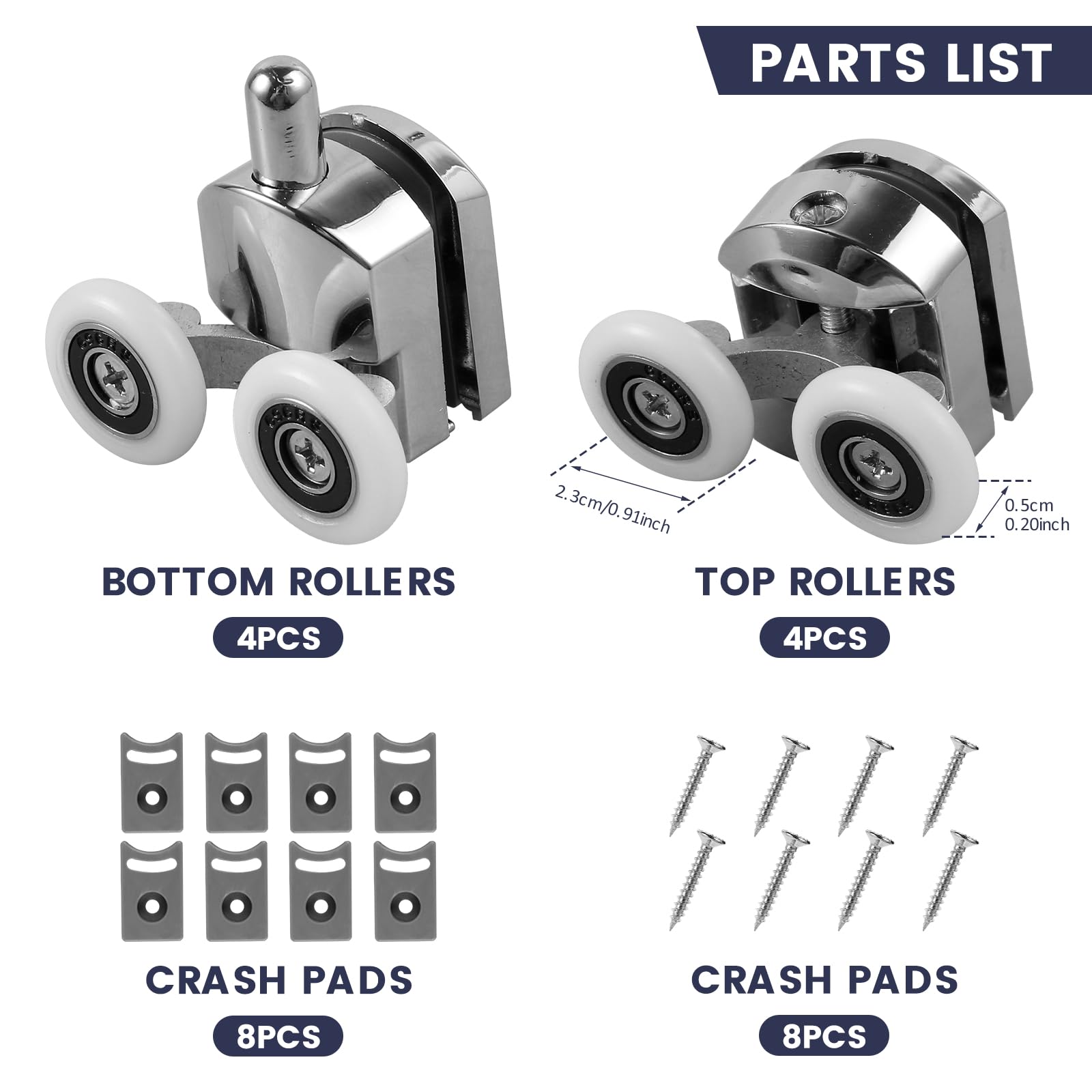 8Pcs 23mm Aluminum Alloy Shower Door Rollers - Top & Bottom Quiet Replacement Wheels with Anti-Collision Pads & Screws for 4-6mm Glass Shower Doors | Perfect for Bathroom Renovation & Smooth Sliding Door Operation