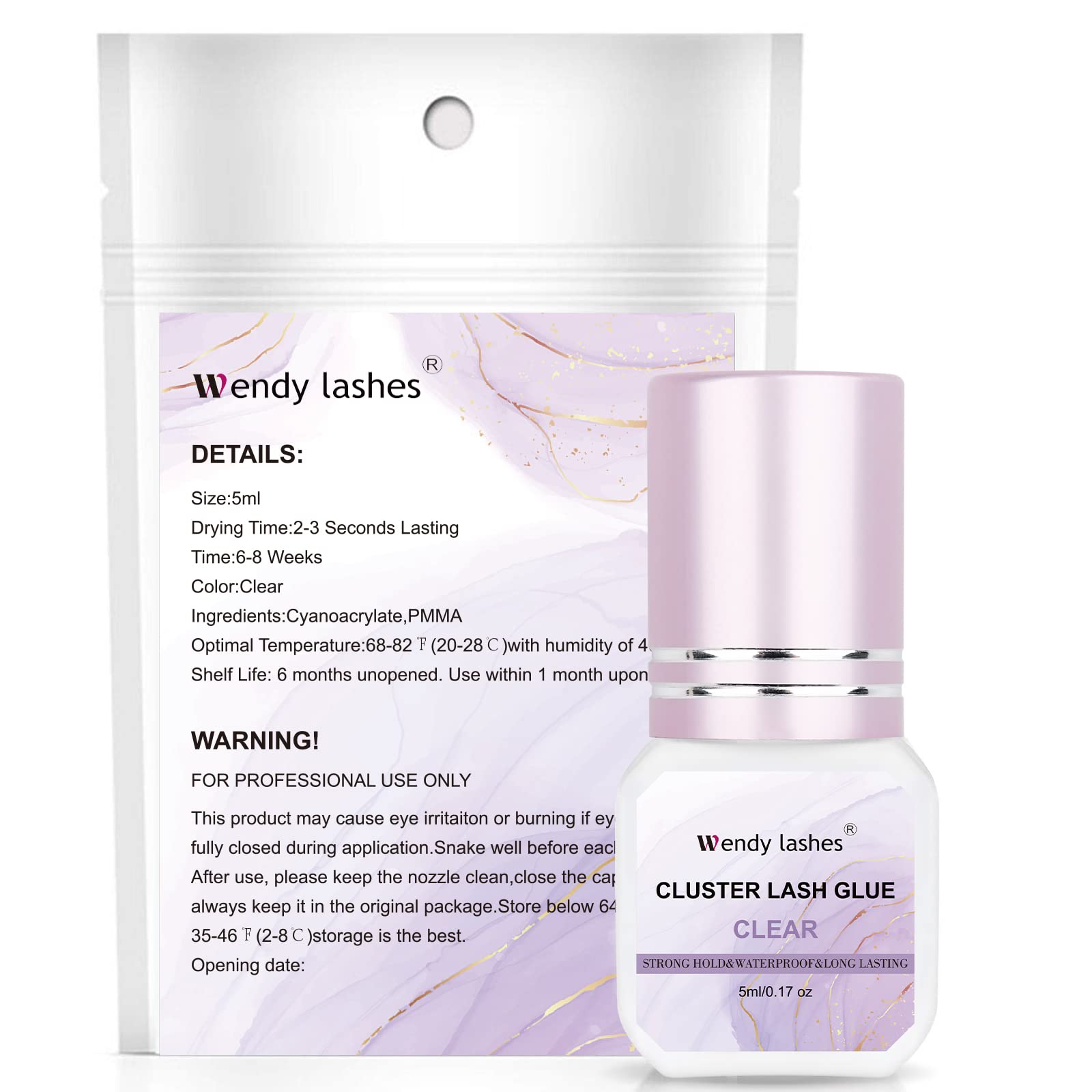 Wendy DIY Eyelash Extension Glue - Fast Drying in 2-3 Seconds, Strong Hold, Clear Formula, 5ml (RJ230306) for Professional-Looking Lashes at Home