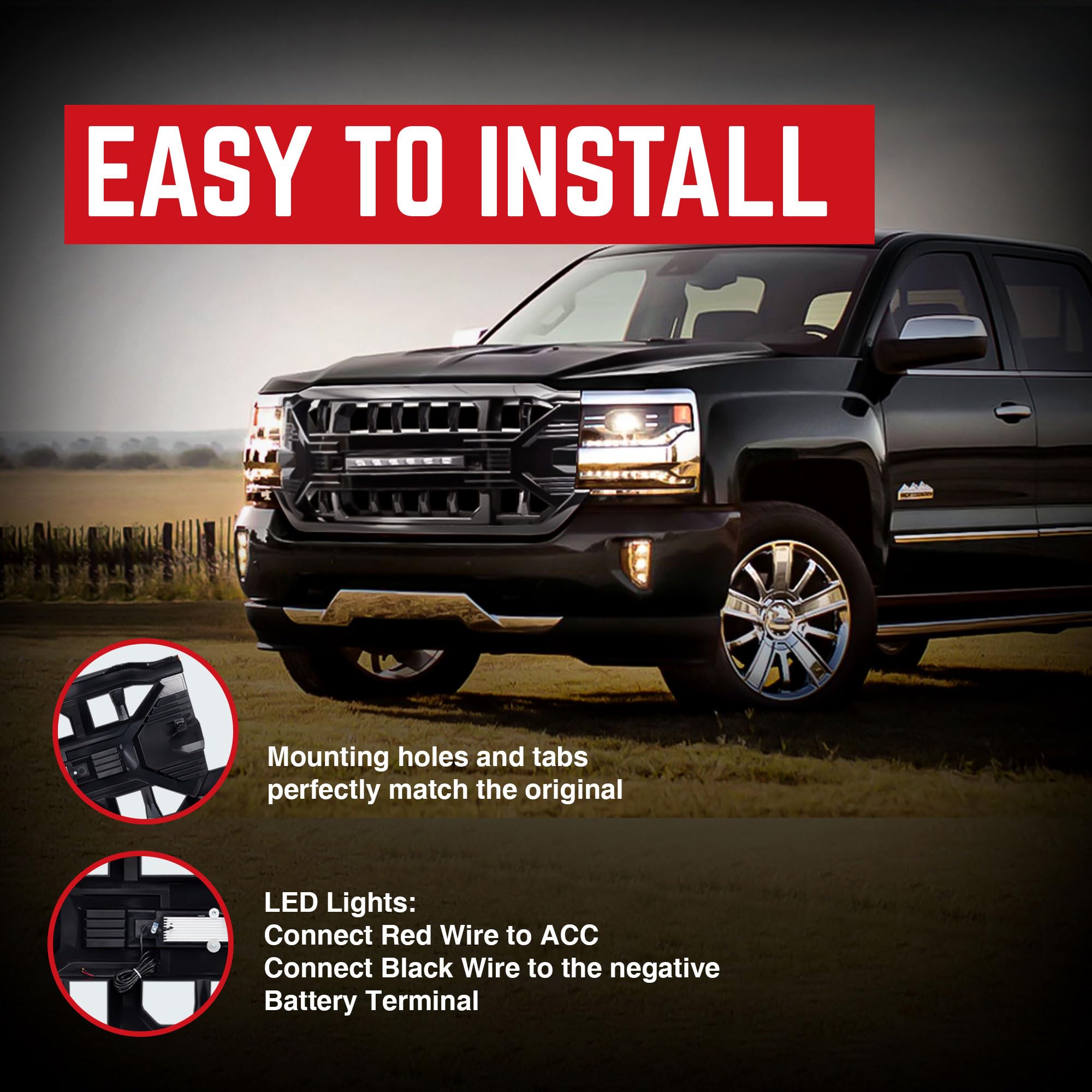 2016-2019 Chevrolet Silverado 1500 Off-Road Grille with LED Lights | Gloss Black Heavy Duty Front Bumper Guard | Perfect for Truck Modifications & Night Driving
