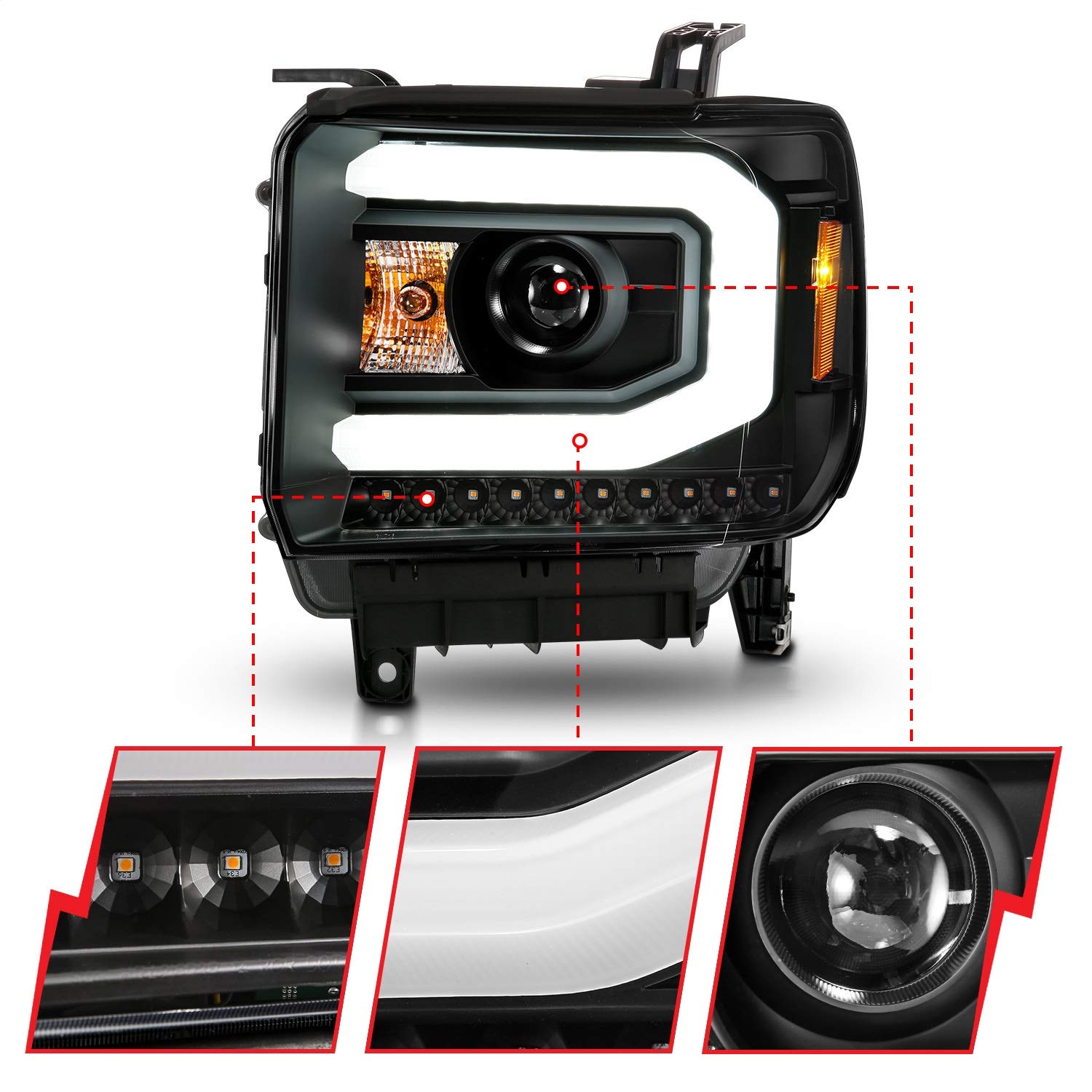 ANZO (111513) 2014-2015 GMC Sierra 1500 Projector Headlights with LED Light Bar - Black Housing Halogen Headlights for Enhanced Night Driving & Off-Road Visibility