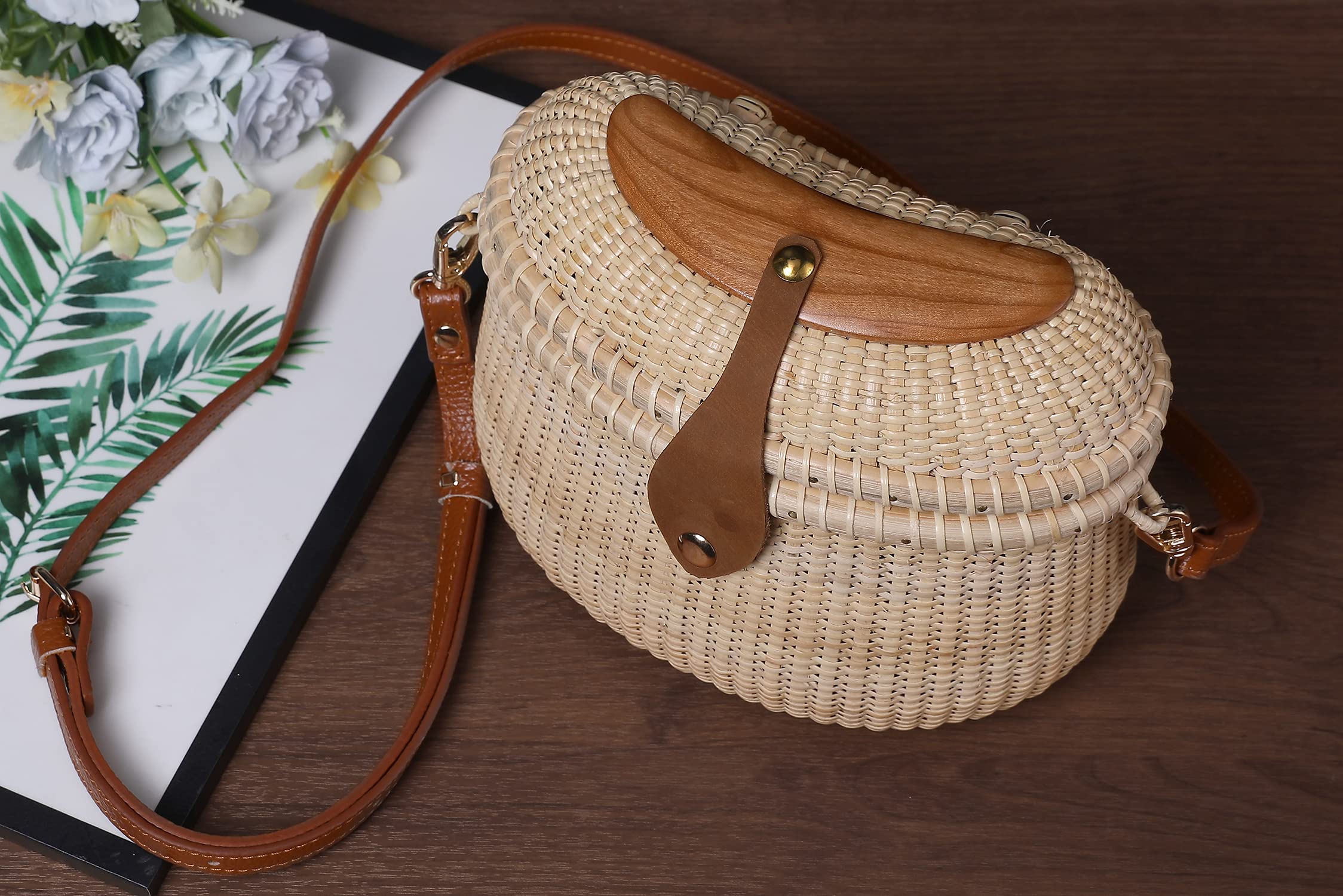 Nantucket Basket Tall Crescent Purse - Handwoven Cane-on-Cane Rattan Shoulder Bag for Women - Perfect for Beach, Summer Outfits & Boho Fashion Accessories