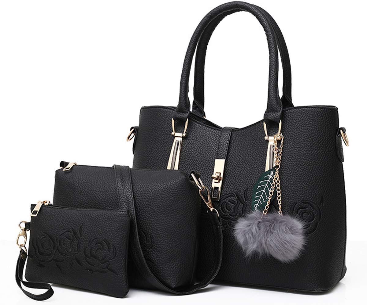 Women's PU Leather Messenger Bag with Rose Embroidery - 3 Piece Set (Tote, Crossbody Bag & Wallet) for Work, Travel & Everyday Use
