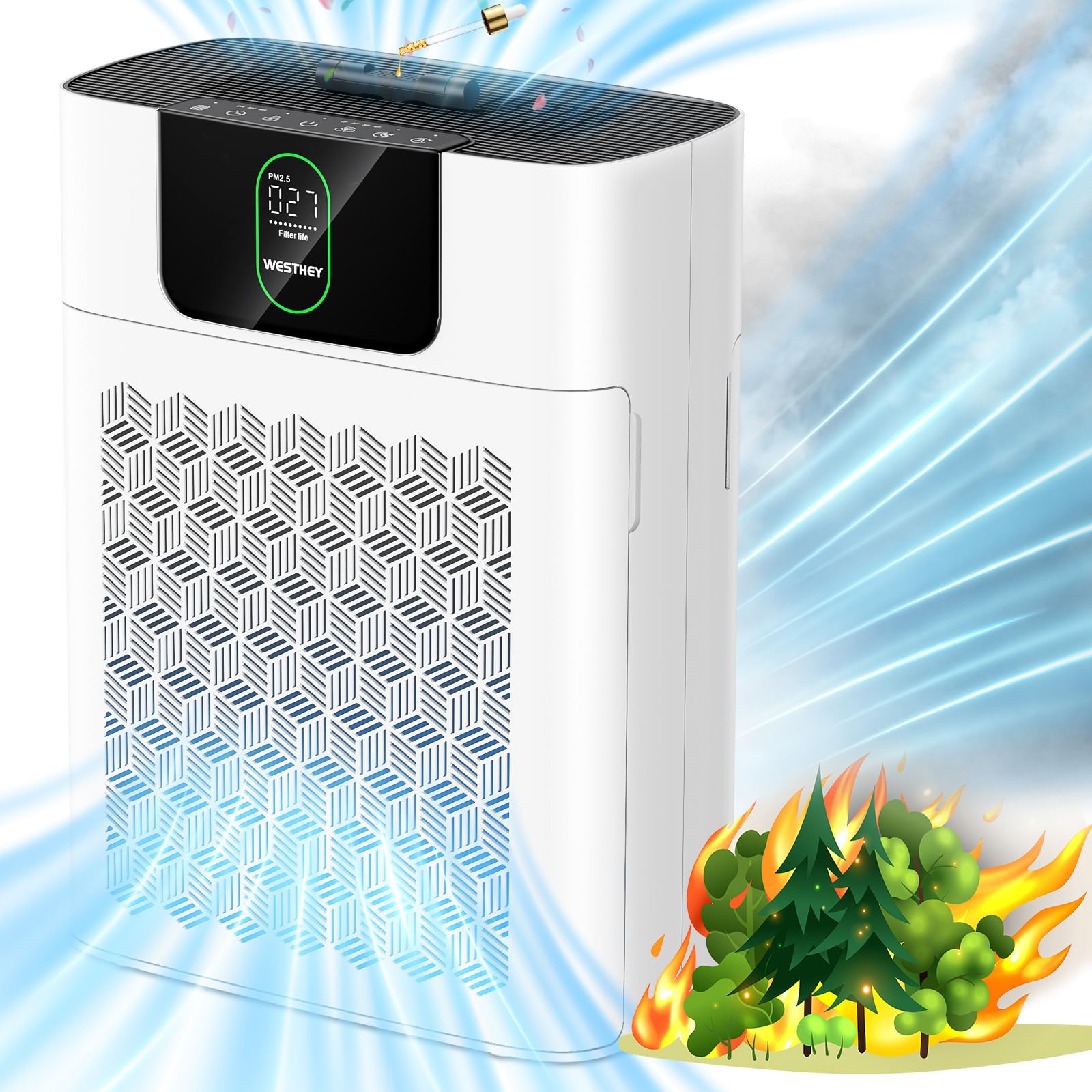WESTHEY HEPA Air Purifier for Large Rooms up to 2500 ft² - Removes Smoke, Wildfire Ash, Pollen, Pet Hair & Odors - 2 Filters Included - Ideal for Bedrooms & California Homes - Perfect for Allergy Relief & Clean Air in Living Rooms, Offices & Nurseries