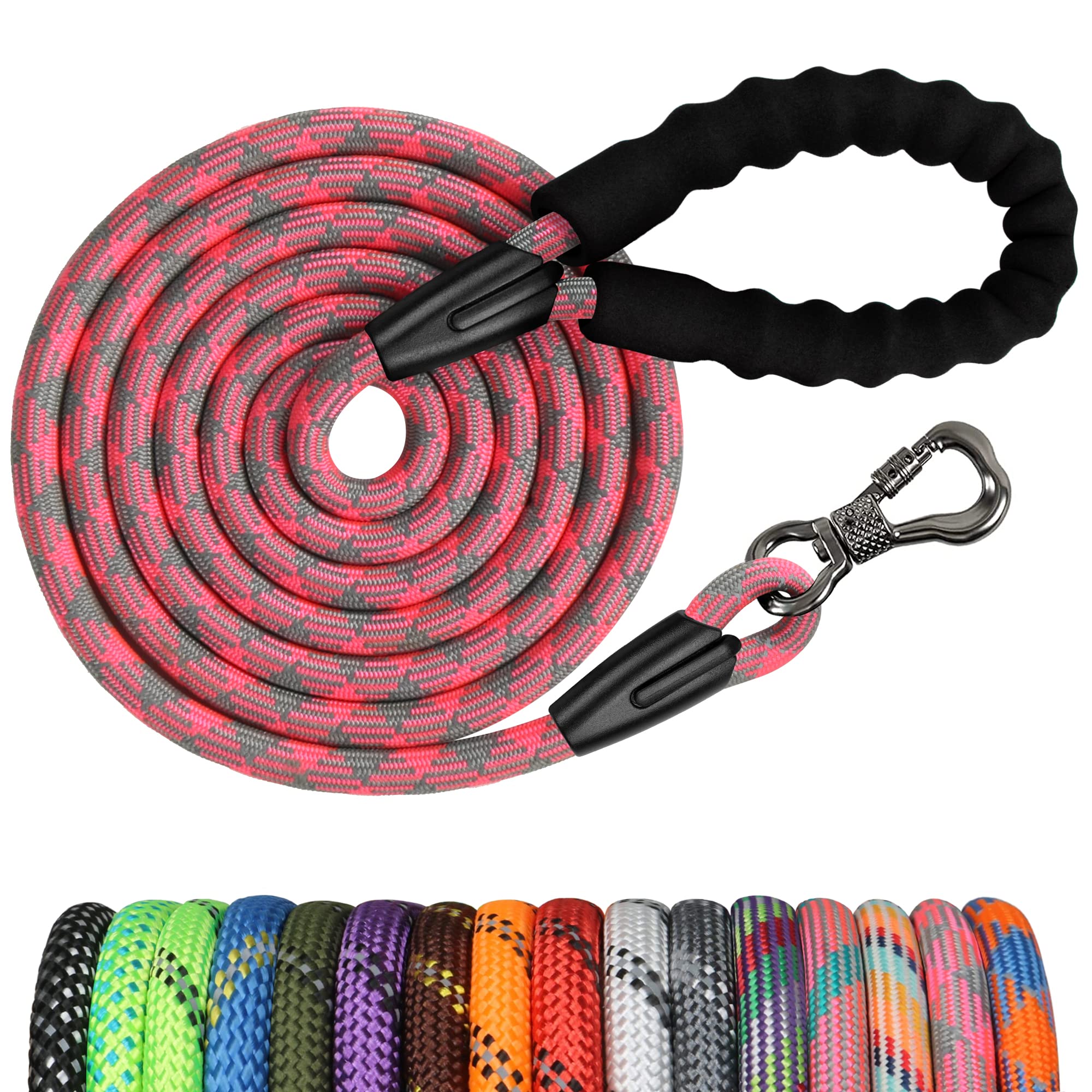 15FT Heavy Duty Dog Training Leash - Pink Swivel Locking Hook & Padded Handle - Durable Rope Leash for Small, Medium & Large Dogs - Perfect for Walking, Hunting, Camping & Backyard Play