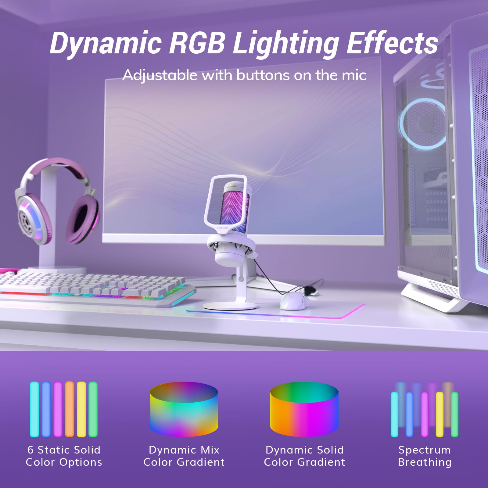 TONOR TC320 USB Gaming Microphone with RGB Lighting & Gain Control - Condenser PC Mic for Streaming, Podcasting, Recording on Twitch, YouTube, Discord - Compatible with Mac, PS4, PS5, Nintendo Switch - Perfect for Home Studios & Professional Content Creation (White)