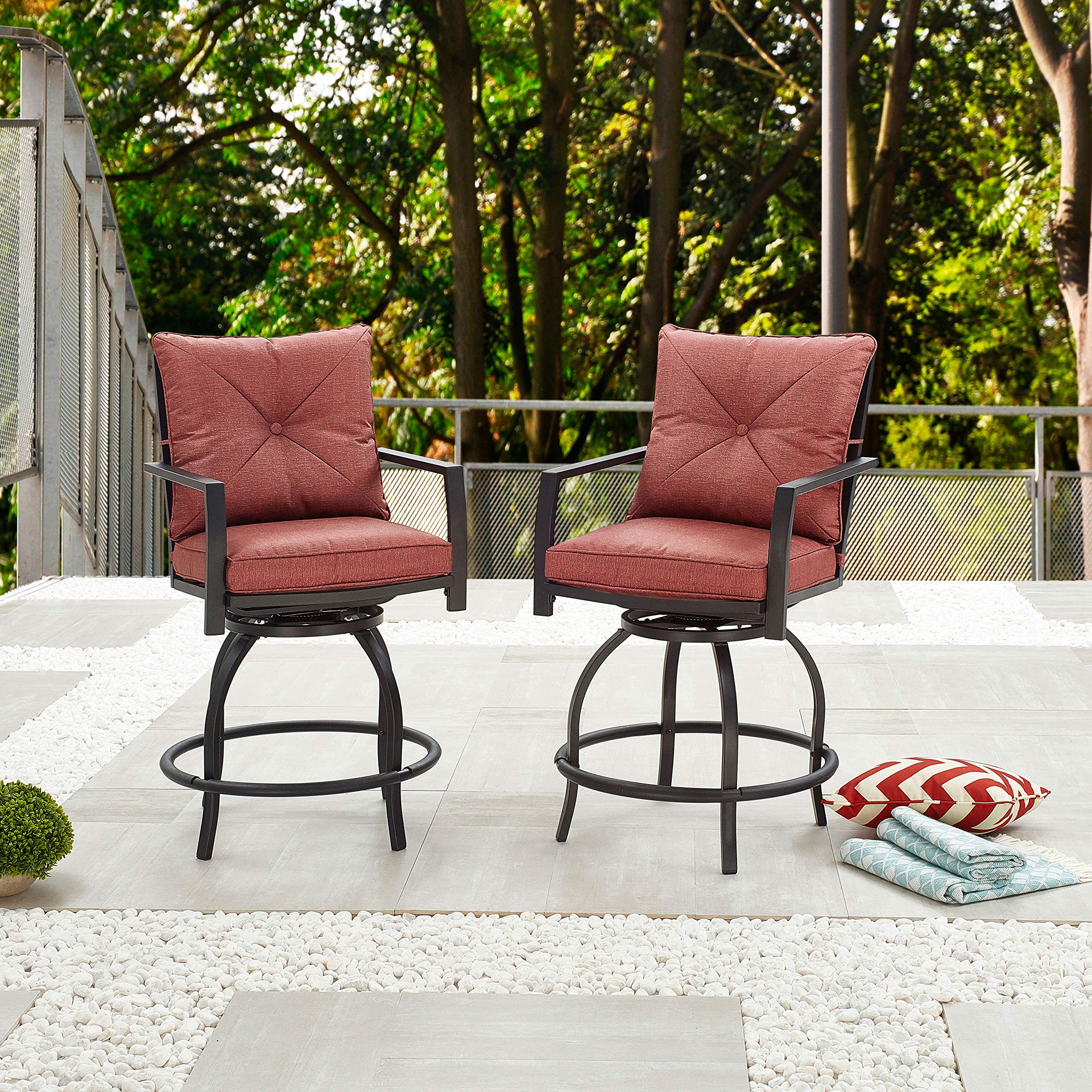 LOKATSE HOME 2-Piece Outdoor Swivel Bar Stool Set with Cushions - Patio, Bistro, Garden, Poolside Metal Height Adjustable Stools (Red) - Perfect for Backyard, Deck, and Outdoor Dining Areas