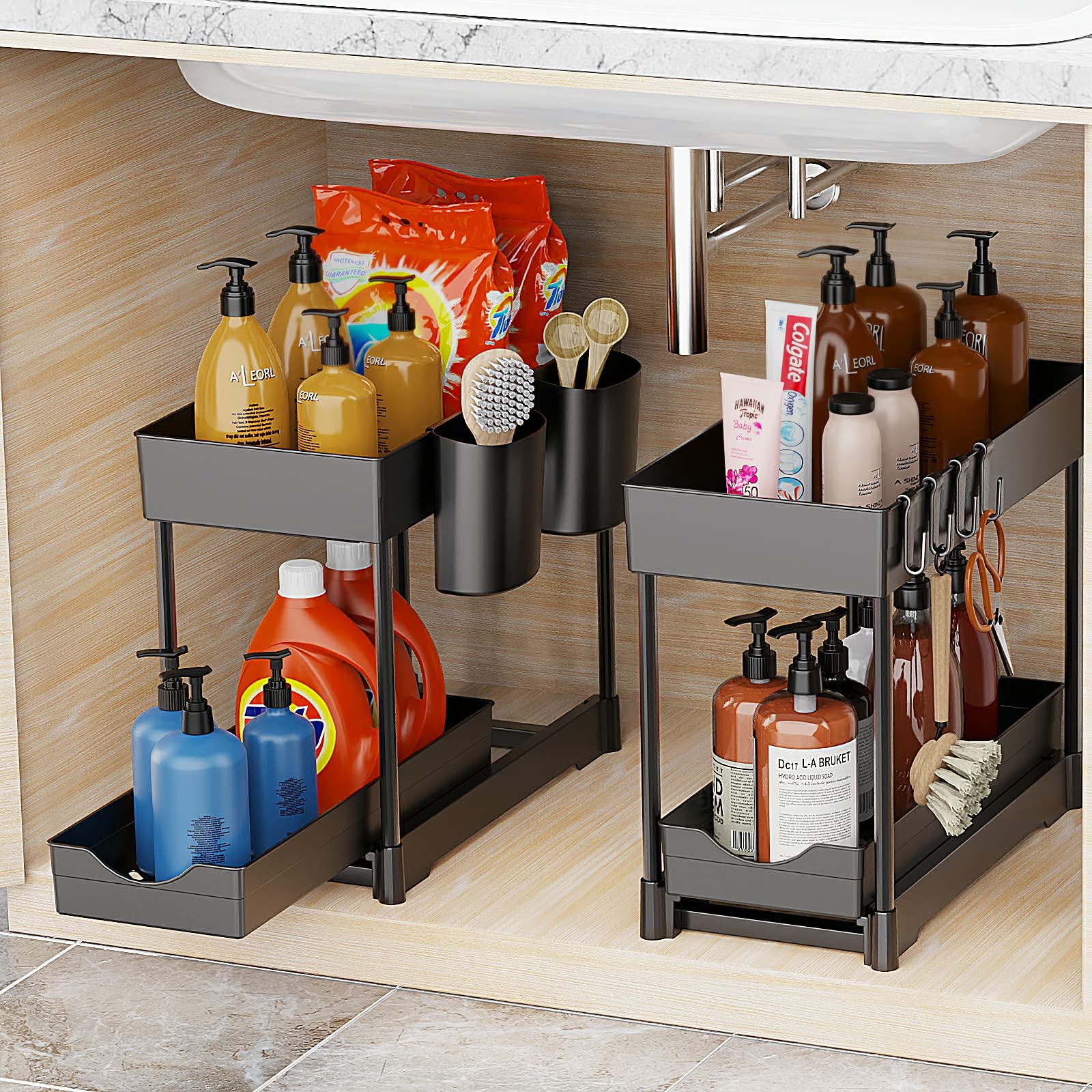 2 Pack Under Sink Organizers and Storage - 2 Tier Pull Out Drawer Kitchen Cabinet Organizer with Sliding Basket & Hooks - Perfect for Bathroom Cleaning Supplies, Kitchen Utensils & Sponge Storage (Space Saving Solution for Small Spaces)