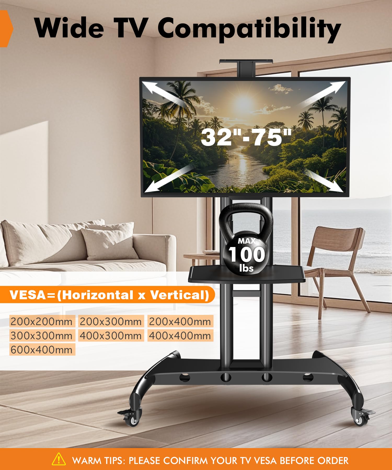 Adjustable Mobile TV Stand Cart for 32-75 Inch Flat/Curved TVs - Portable Rolling TV Trolley with Wheels, Height Adjustable Shelf & Max VESA 600x400mm (100lbs Capacity) - Perfect for Living Rooms, Bedrooms, Classrooms & Office Spaces