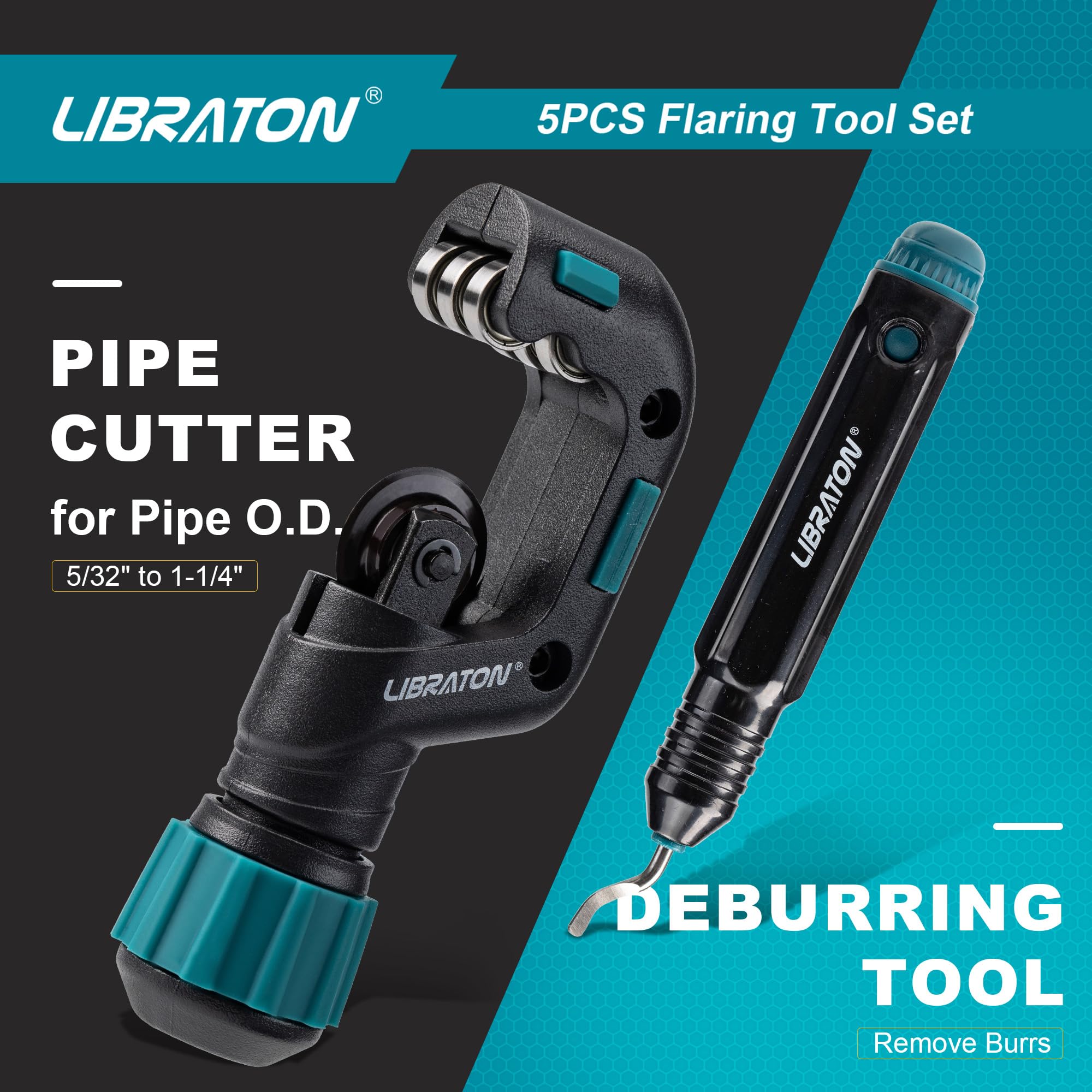 LIBRATON HVAC Flaring Tool Kit - 45° Eccentric Single Flare Tool for 1/4''-3/4'' & 6-19mm Copper Pipes - Includes Pipe Cutter & Deburring Tool for Copper/Aluminum Pipes - Perfect for HVAC Installation, Plumbing & Auto AC Repair