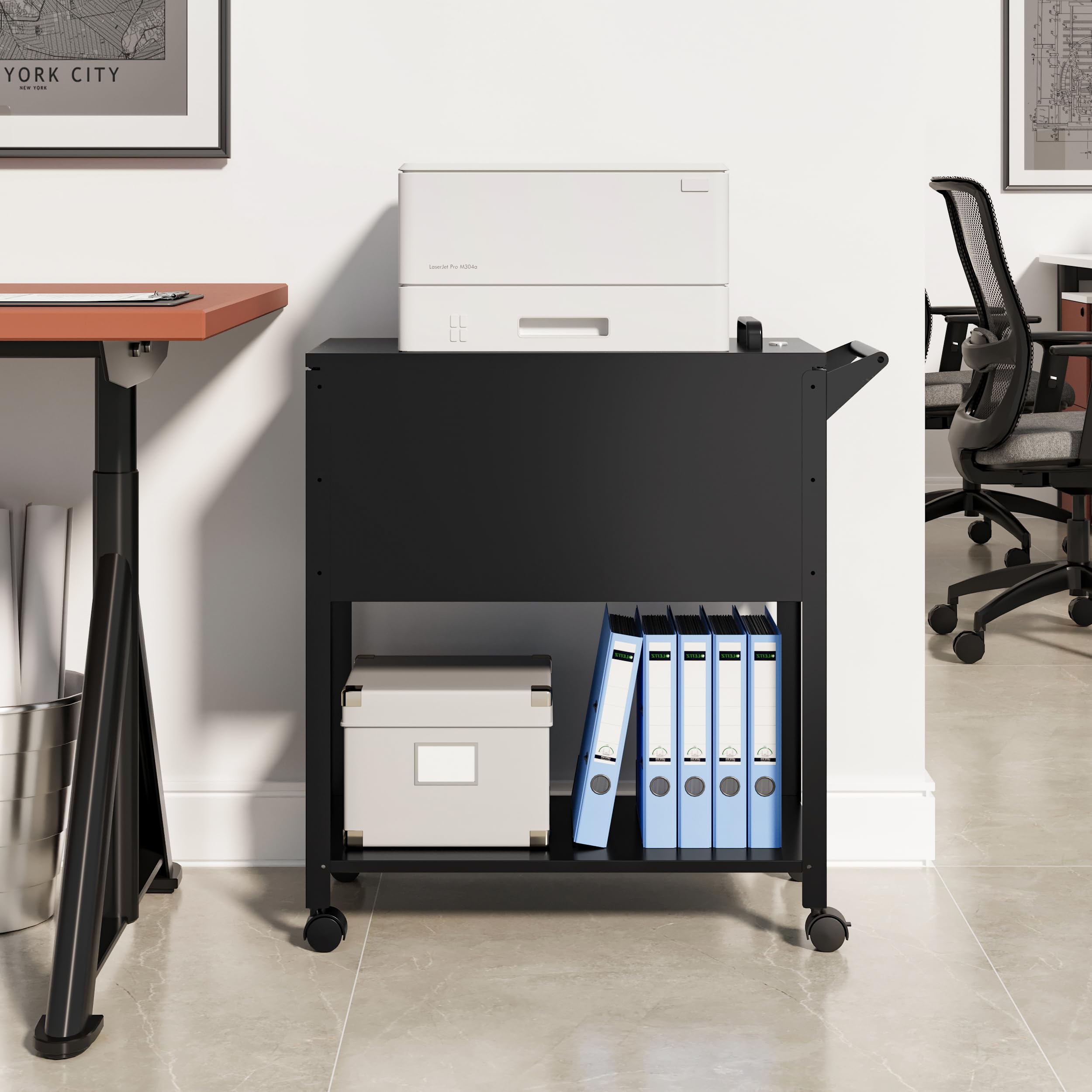 2-Tier Mobile File Cabinet with Wheels - Lockable Rolling Cart for Hanging Files, A4/Letter/Legal Size Documents - Black Office Organizer for Home & Office Workspaces