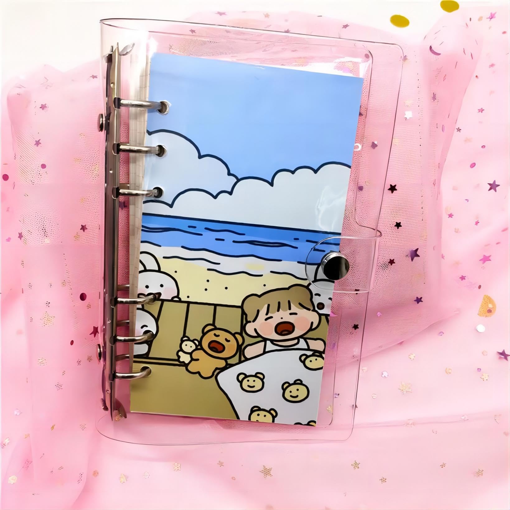 6-Hole Transparent PVC Binder Cover with Round Rings & Snap Button Closure - A6 Size File Folder for Loose Leaf Sheets, Notebook Refills & Document Protection | Perfect for School, Office Organization & Paper Storage