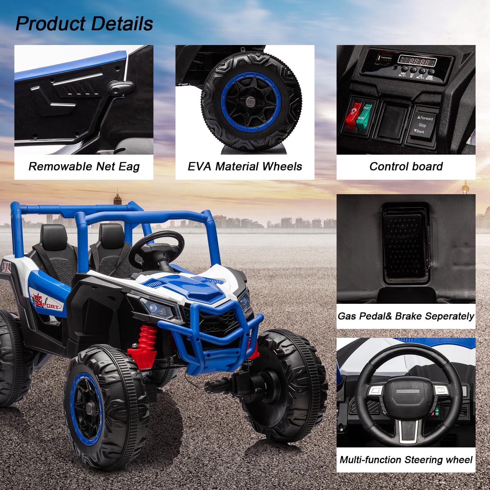GARVEE 12V Electric Ride-On Car for Kids - 2 Seater Battery Powered UTV Toy with Remote Control, Metal Frame, EVA Wheels & LED Lights | Spring Suspension for Boys & Girls Ages 3-8 | Perfect for Outdoor Play, Backyard Adventures & Off-Road Fun (Blue)
