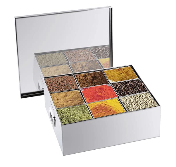 Premium Stainless Steel Masala Dabba - 9 Compartment Spice Box (96 oz, 19x19x6.5 Inches) for Indian Cooking | Airtight Containers for Fresh Spices | Perfect for Kitchens, Restaurants & Gifting