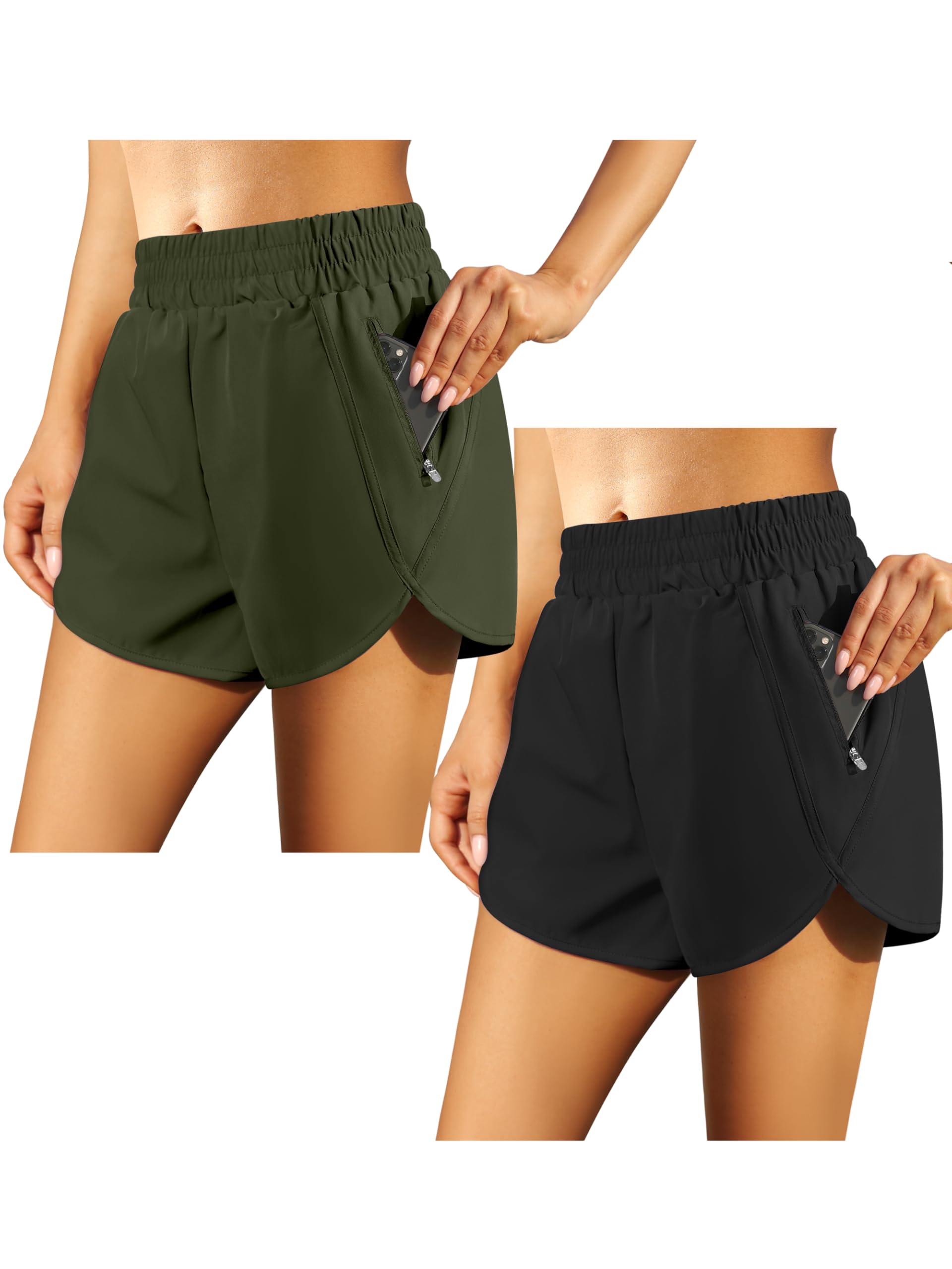 URATOT 2 Pack Women's High Waisted Quick Dry Athletic Shorts with Zip Pockets - Summer Running Shorts for Gym Workout, Yoga & Outdoor Activities
