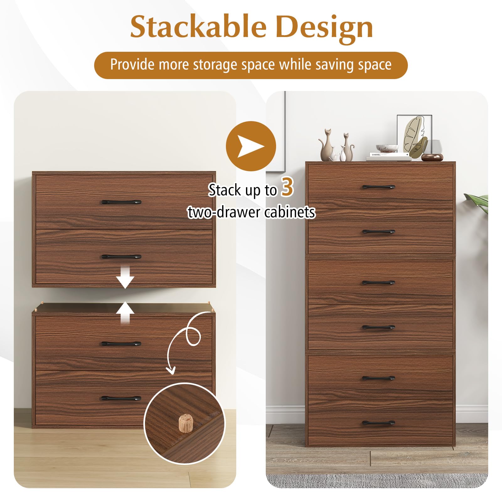 Giantex 2-Drawer Stackable Dresser Tower - Horizontal Organizer with Handles for Bedroom, Living Room, Office & Closet Storage (Brown) - Perfect for Small Space Organization & Home Decor