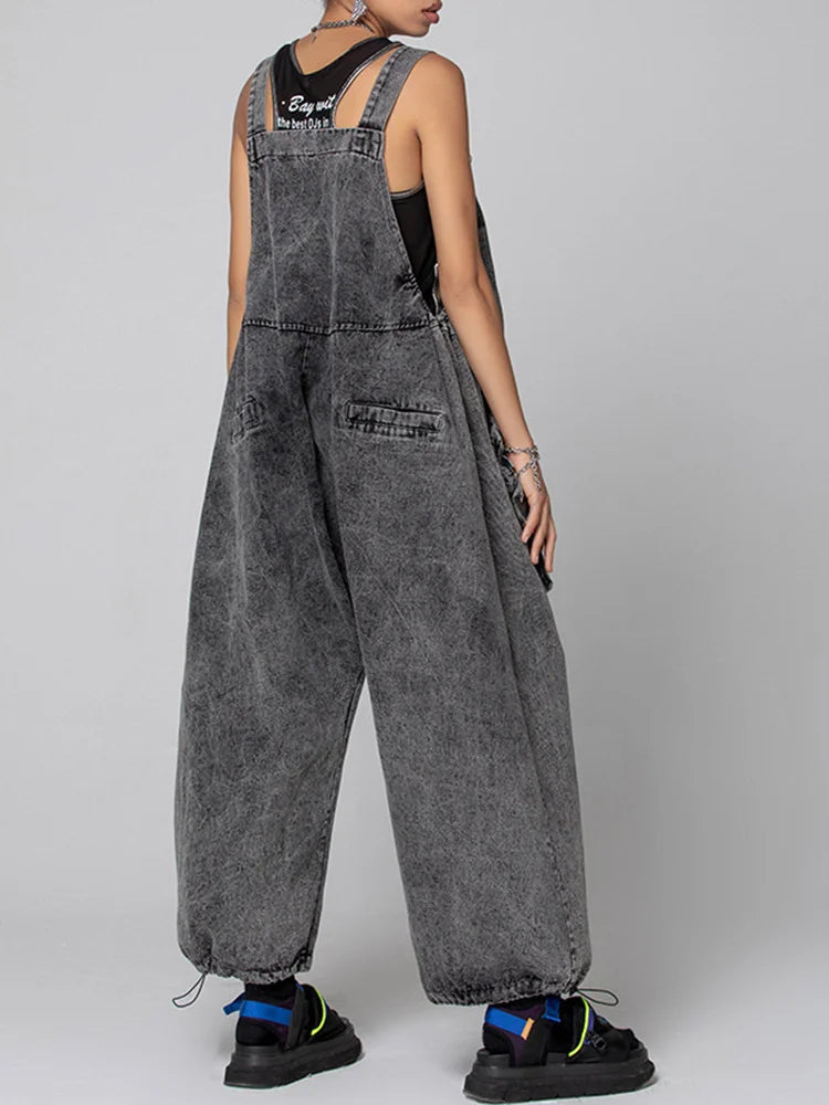 Women's Black Patchwork Dual Pocket Jumpsuit - Square Collar Sleeveless Wide Leg Romper | Casual Summer Outfit, Beach Cover-Up, Streetwear Fashion
