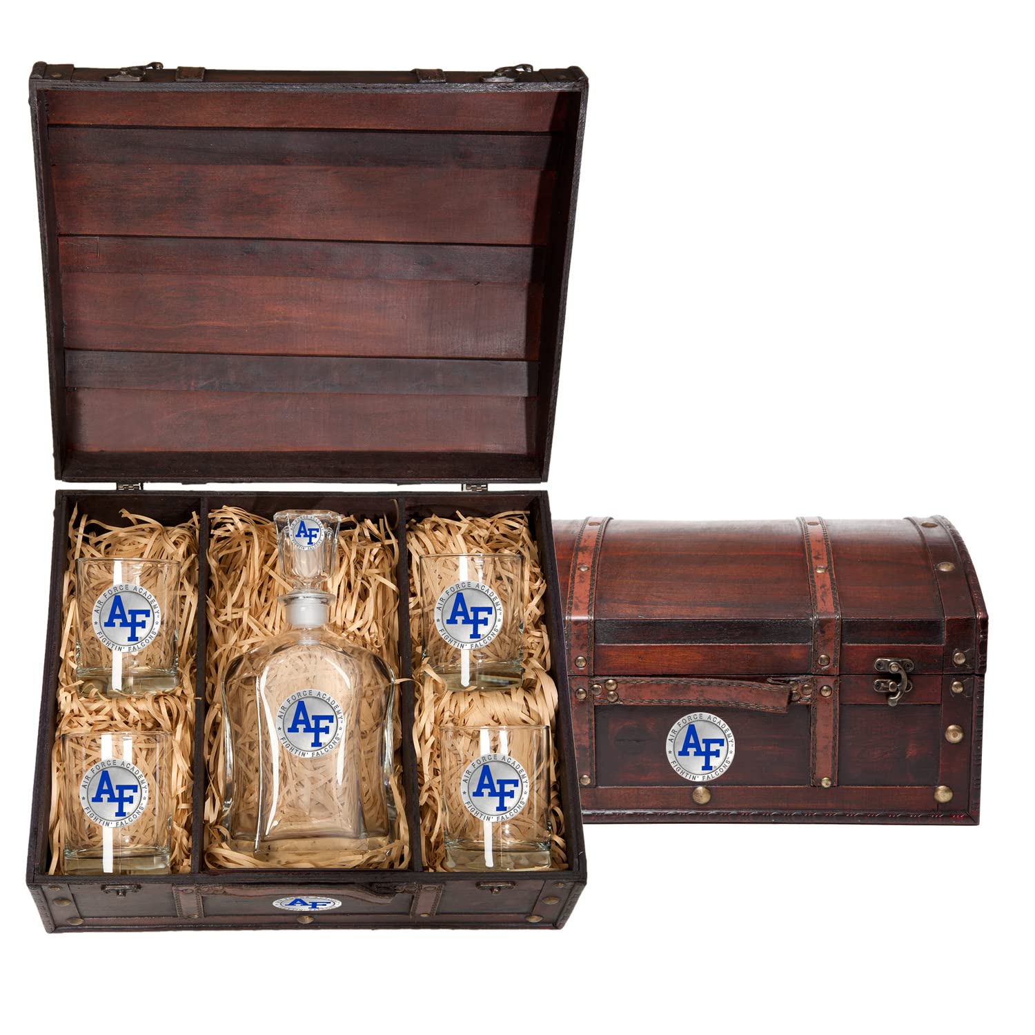 US Air Force Academy Capitol Decanter Chest Set - 24oz Liquor Pourer with 4 Double Old-Fashioned Glasses | Handcrafted Pewter Barware for Whiskey, Bourbon & Scotch | Perfect for Military Gifts, Home Bars & Cocktail Parties