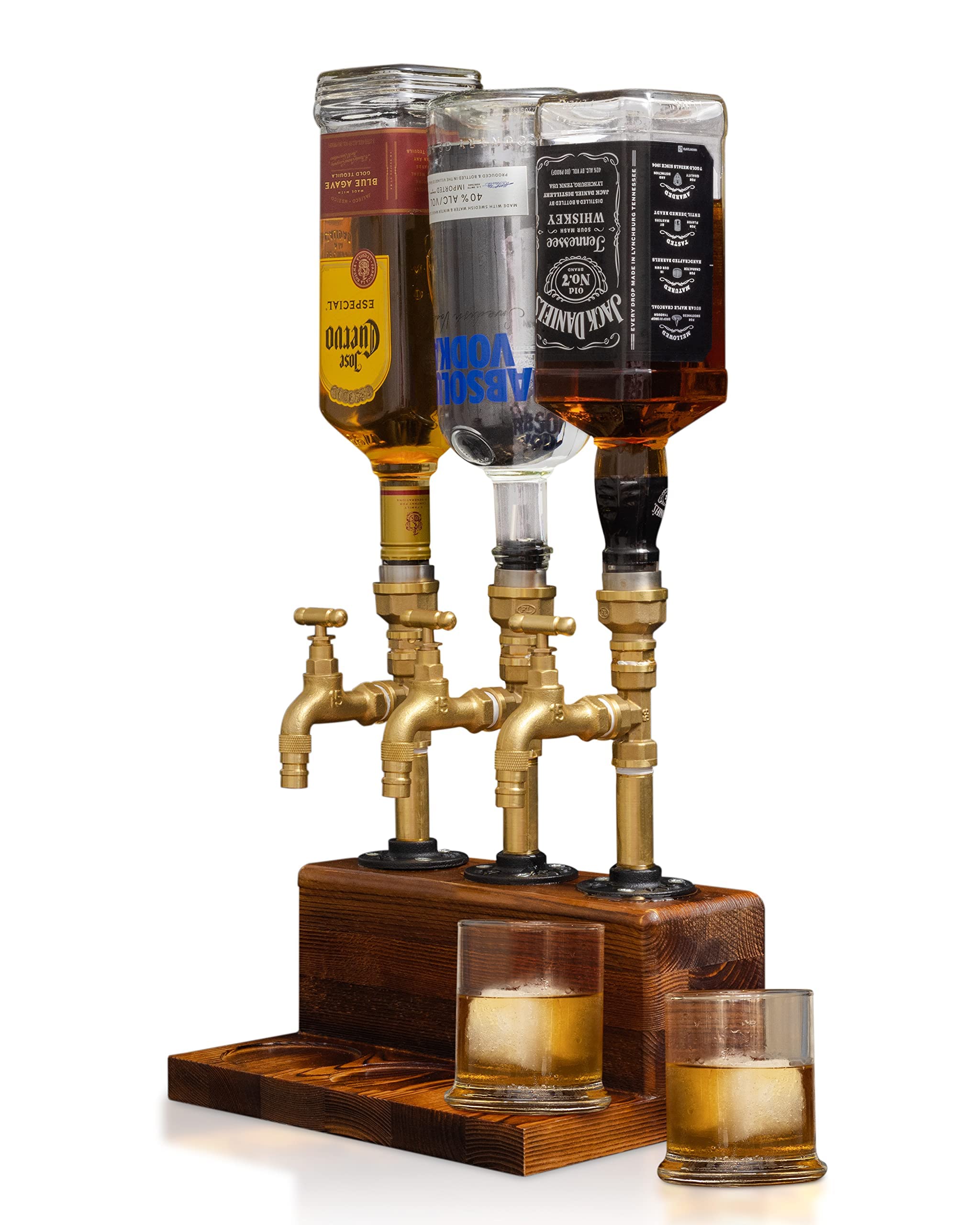Premium Wooden Liquor Dispenser with Solid Base & Real Brass Spout - Leakproof & Smooth Pouring for Home Bars - Perfect Alcohol Gift for Men (Father's Day, Housewarming, Anniversary) - Ideal for Whiskey, Vodka & Cocktail Serving