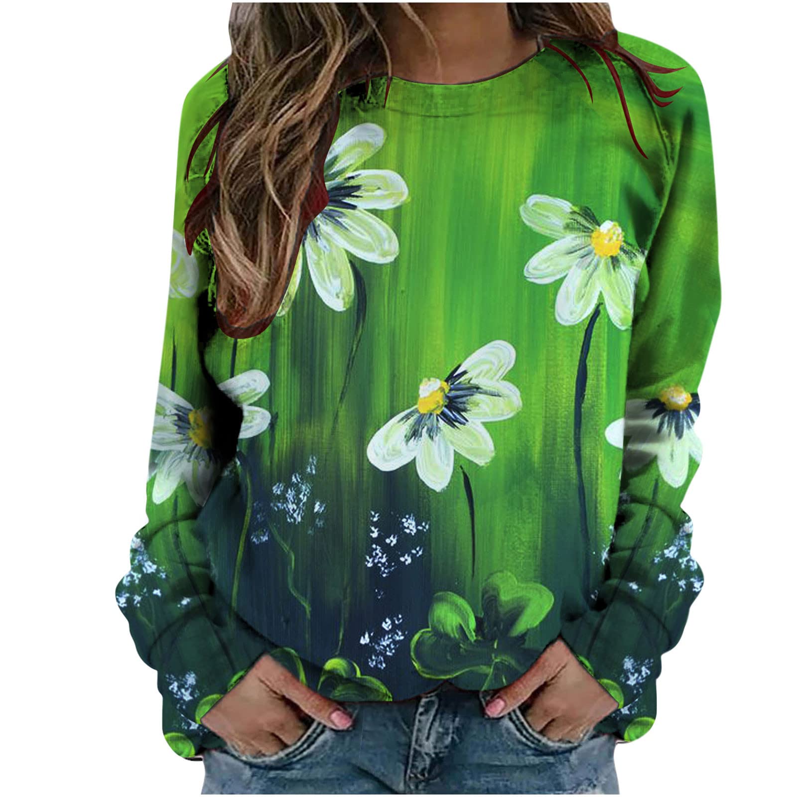 St. Patrick's Day Sweaters for Women - Long Sleeve Clover Print Crewneck Sweatshirt | Trendy Graphic Tees for Casual Wear & Irish-Themed Parties