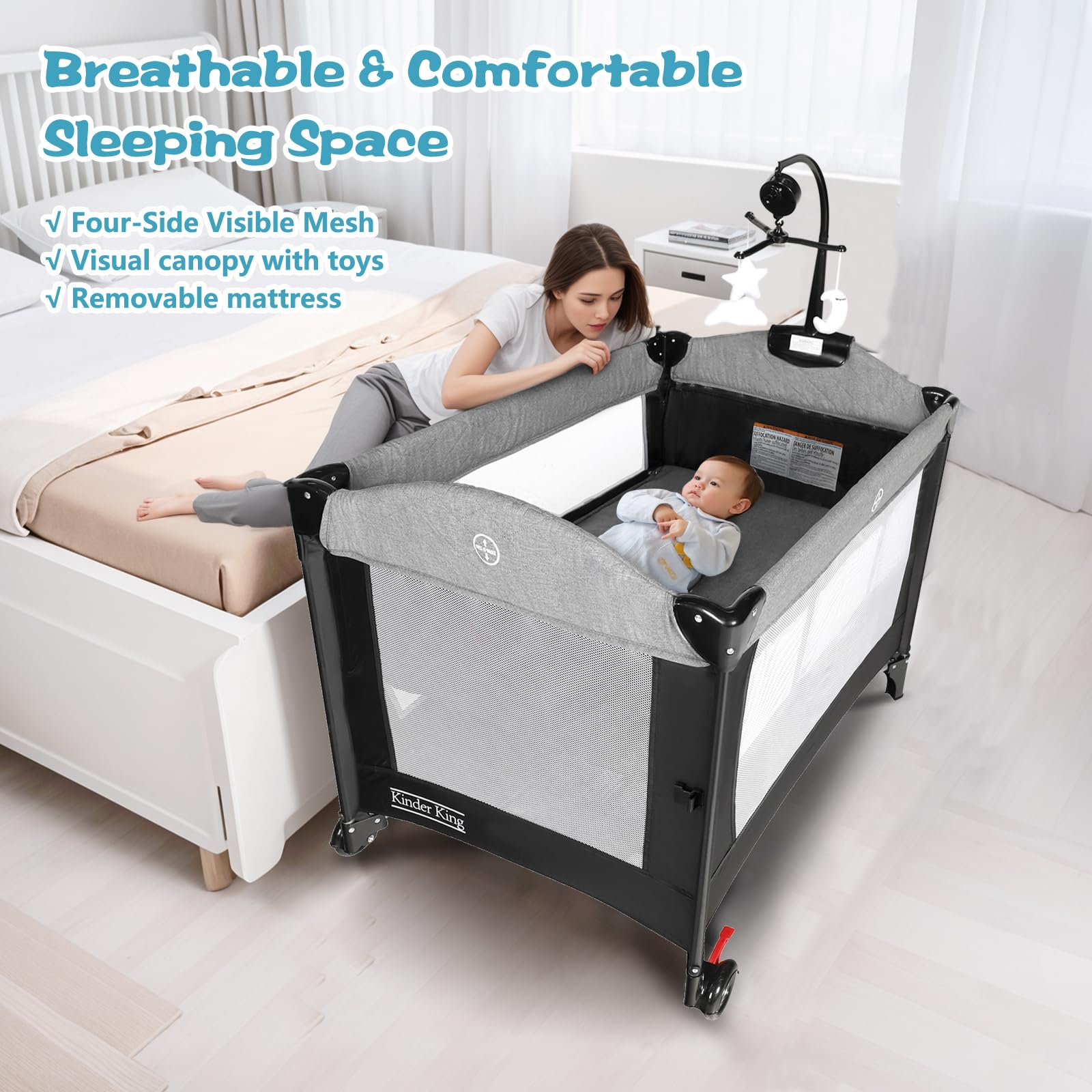 Kinder King 4-in-1 Portable Nursery Center | Foldable Baby Bassinet & Playard with Changing Table & Storage Basket | Perfect for Newborns to Toddlers | Ideal for Bedside Sleeping, Playtime & Diaper Changes