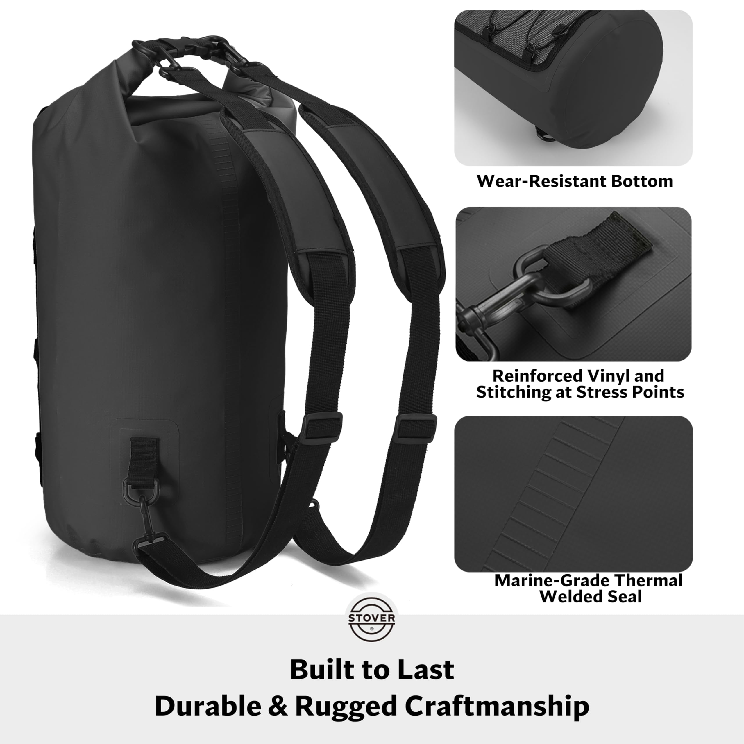 **STOVER 5L/10L/25L/30L/40L/55L Waterproof Dry Backpack - Floating Dry Bag for Kayaking, Hiking, Camping, Beach & Outdoor Activities - Heavy-Duty Roll Top Design for Men & Women (Black)**    **Use Cases:** Perfect for kayaking, hiking, camping, beach trips, fishing, tubing, motorcycle rides, and travel adventures.