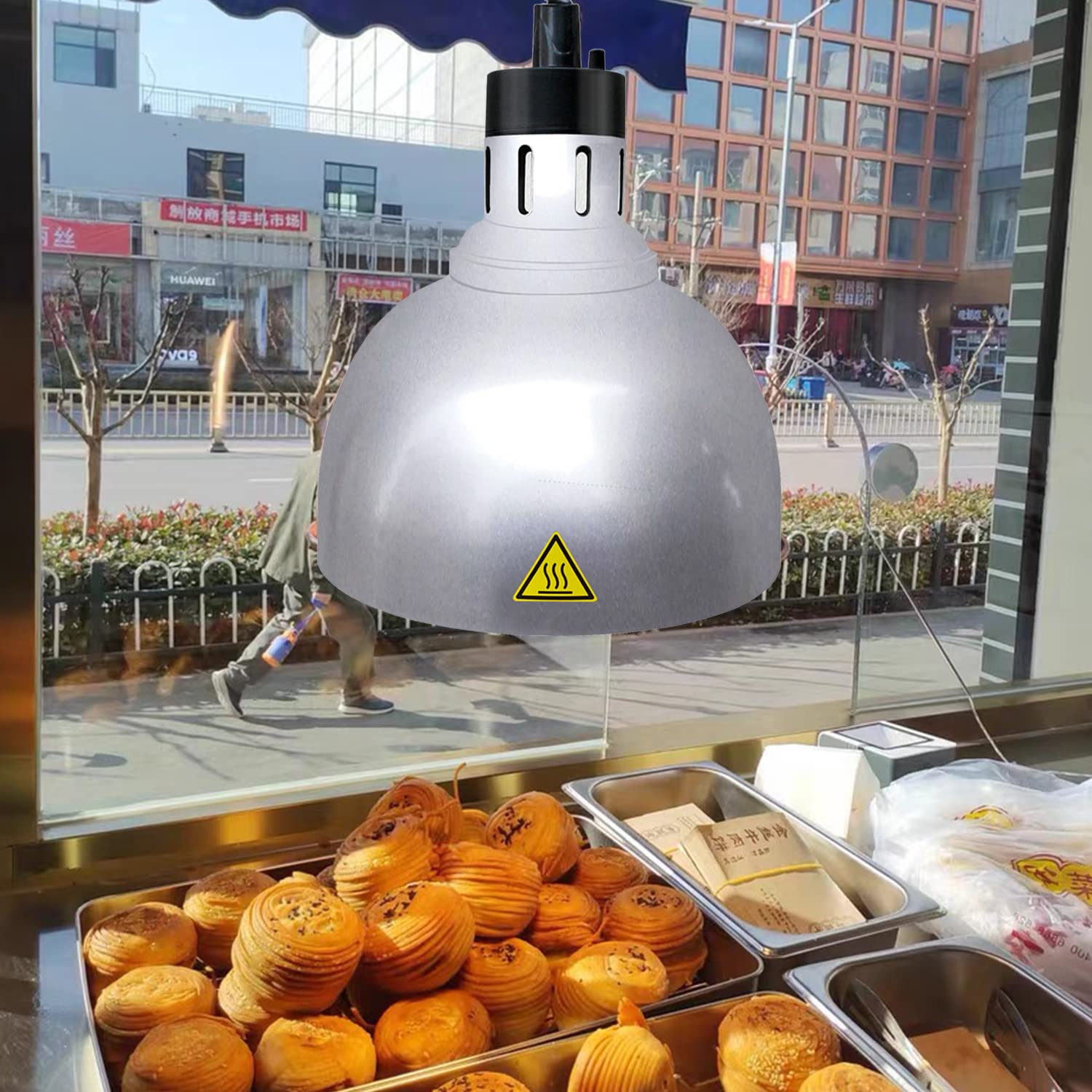 250W Silver Hanging Food Heat Lamp - 24cm Overhead Food Warmer for Restaurants, Buffets & Catering | Commercial Hot Food Warming Light with Bulb Included | Perfect for Keeping Meals Warm at Events, Cafeterias & Food Stations