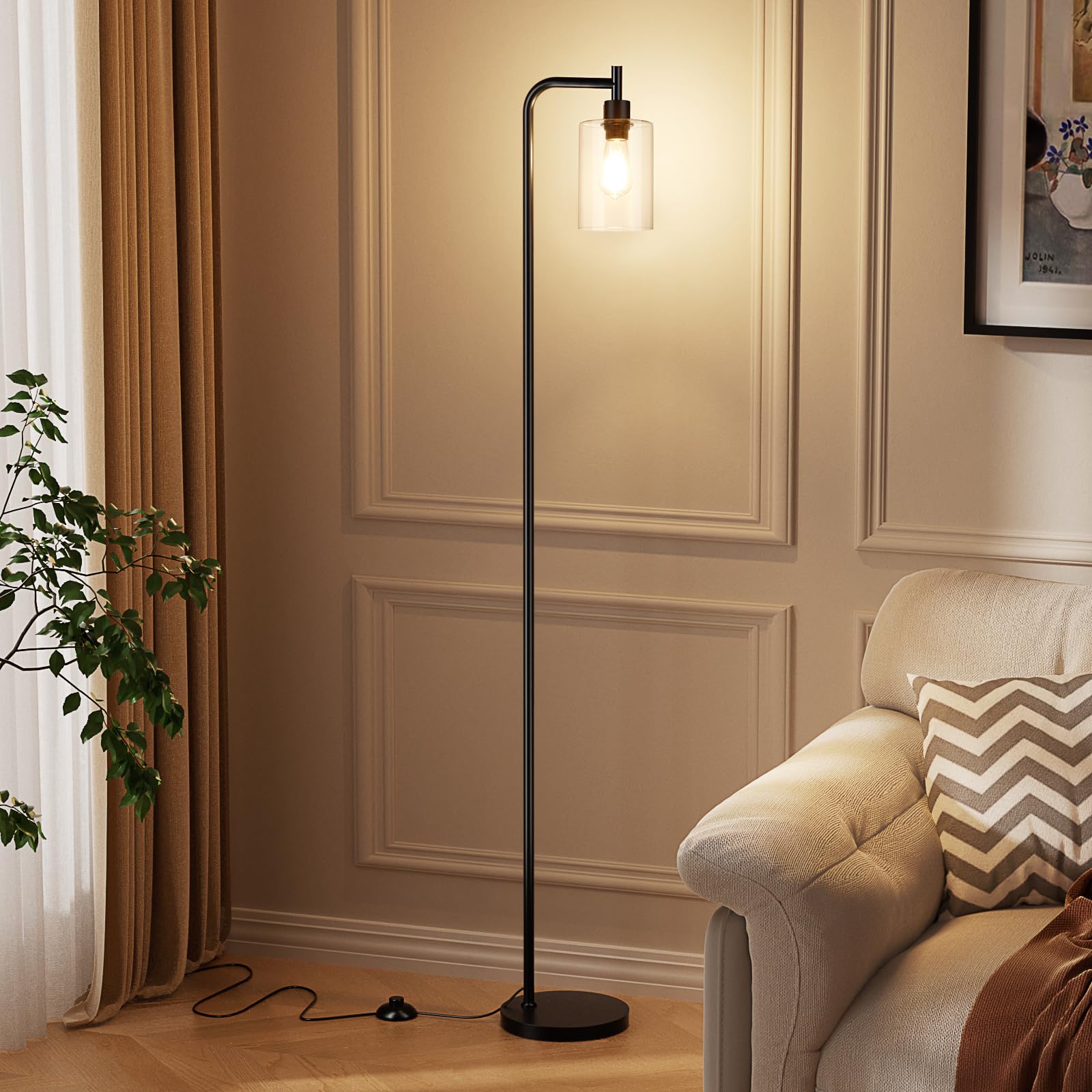 Industrial Floor Lamp with Glass Shade - Black LED Standing Light with Foot Pedal Switch & Easy Assembly | Modern Lighting for Living Room, Office, Reading Nook & Bedroom